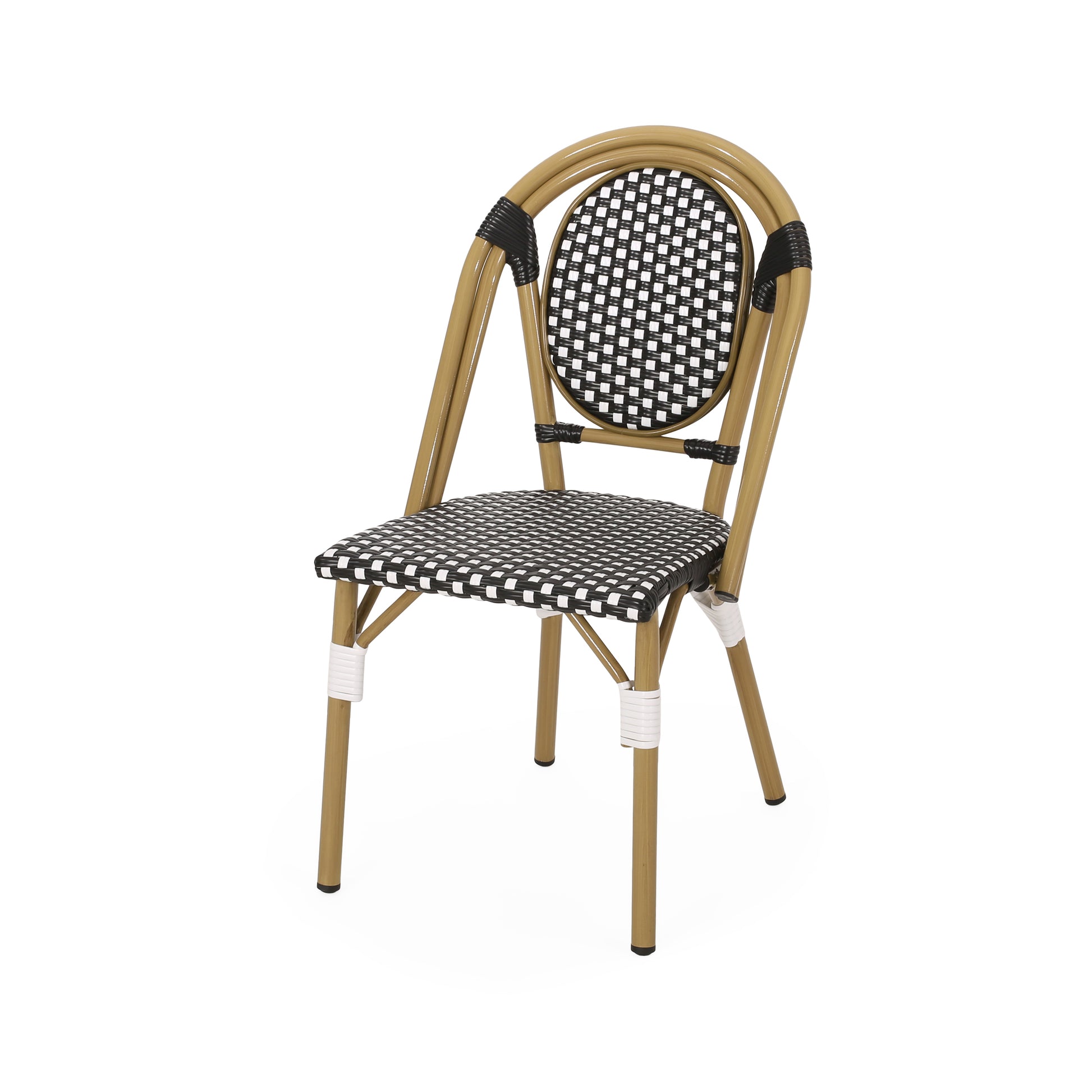 Tan wicker bistro chair with black and white checkerboard seat and back