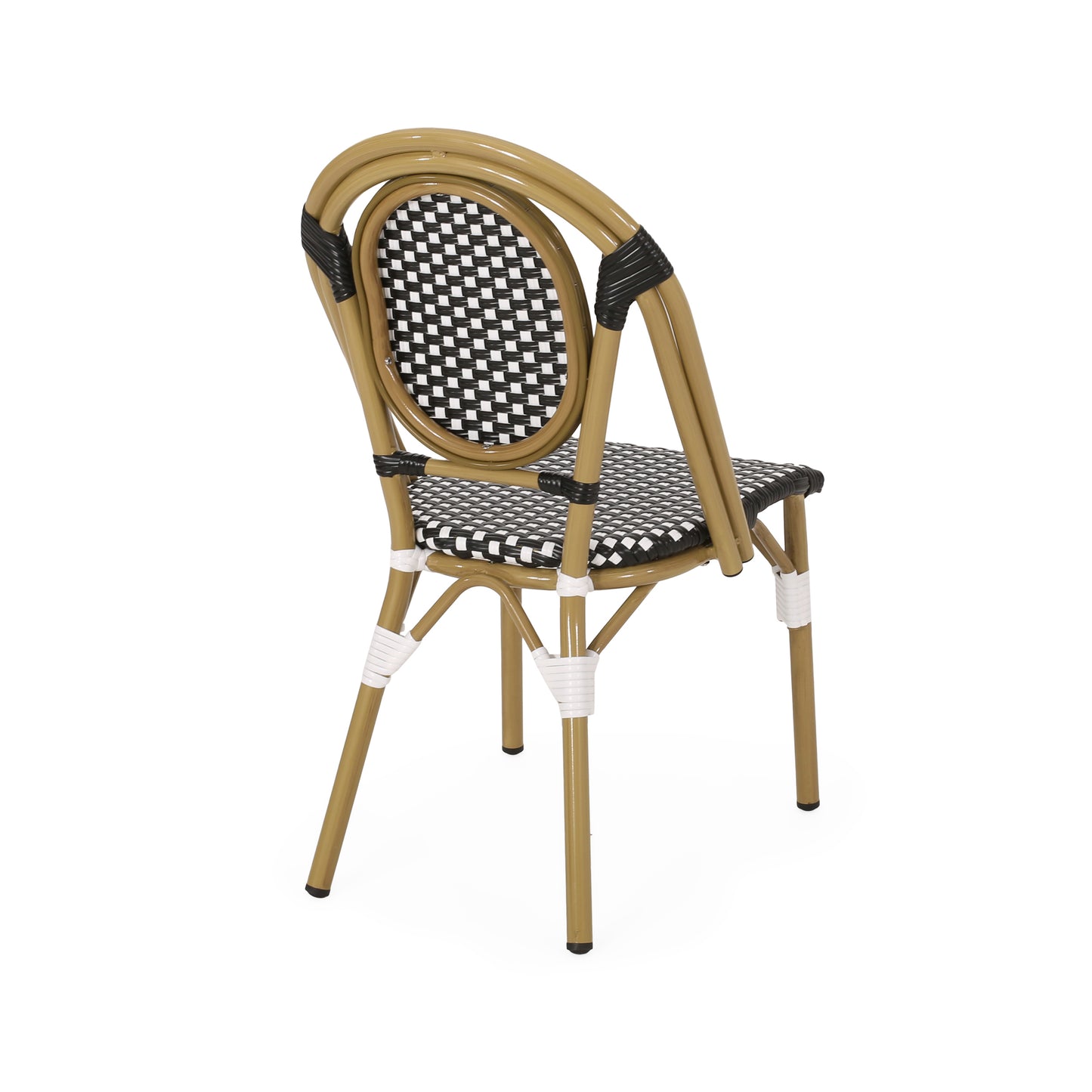Tan rattan bistro chair with black and white checkered seat and back