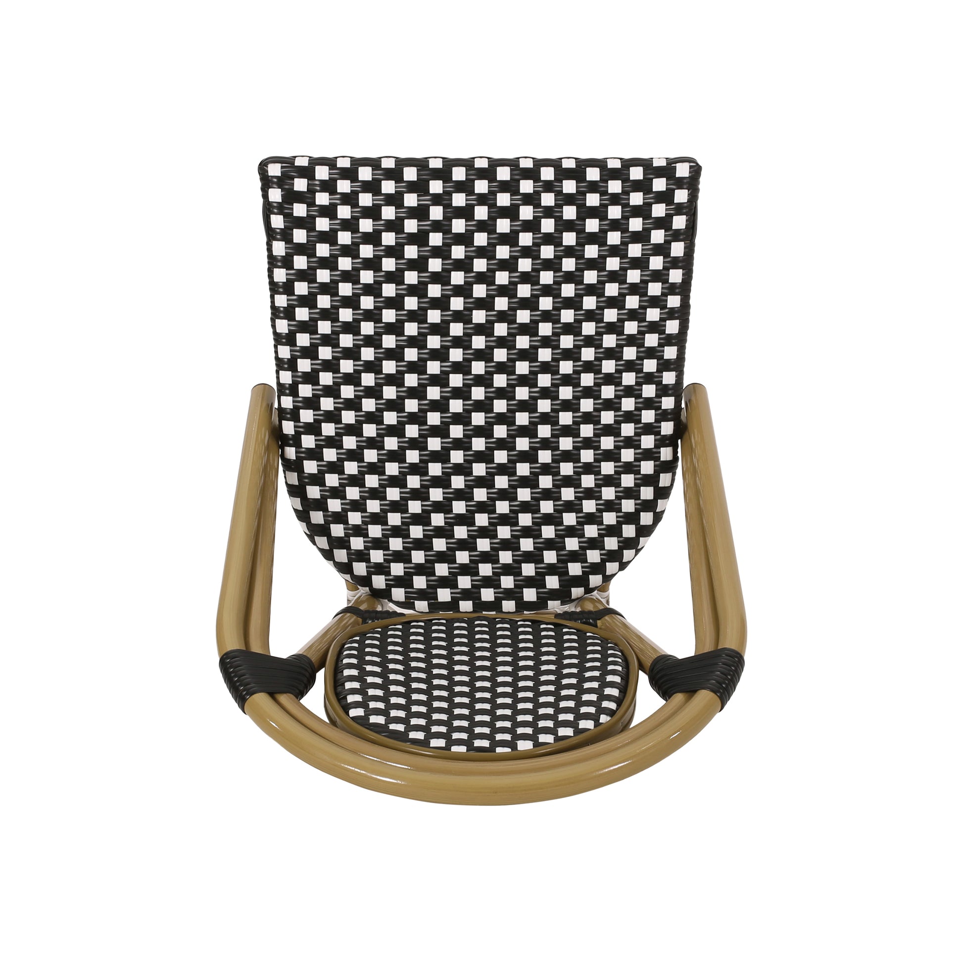 Black and white woven bistro chair with light brown rattan legs perfect for outdoor seating