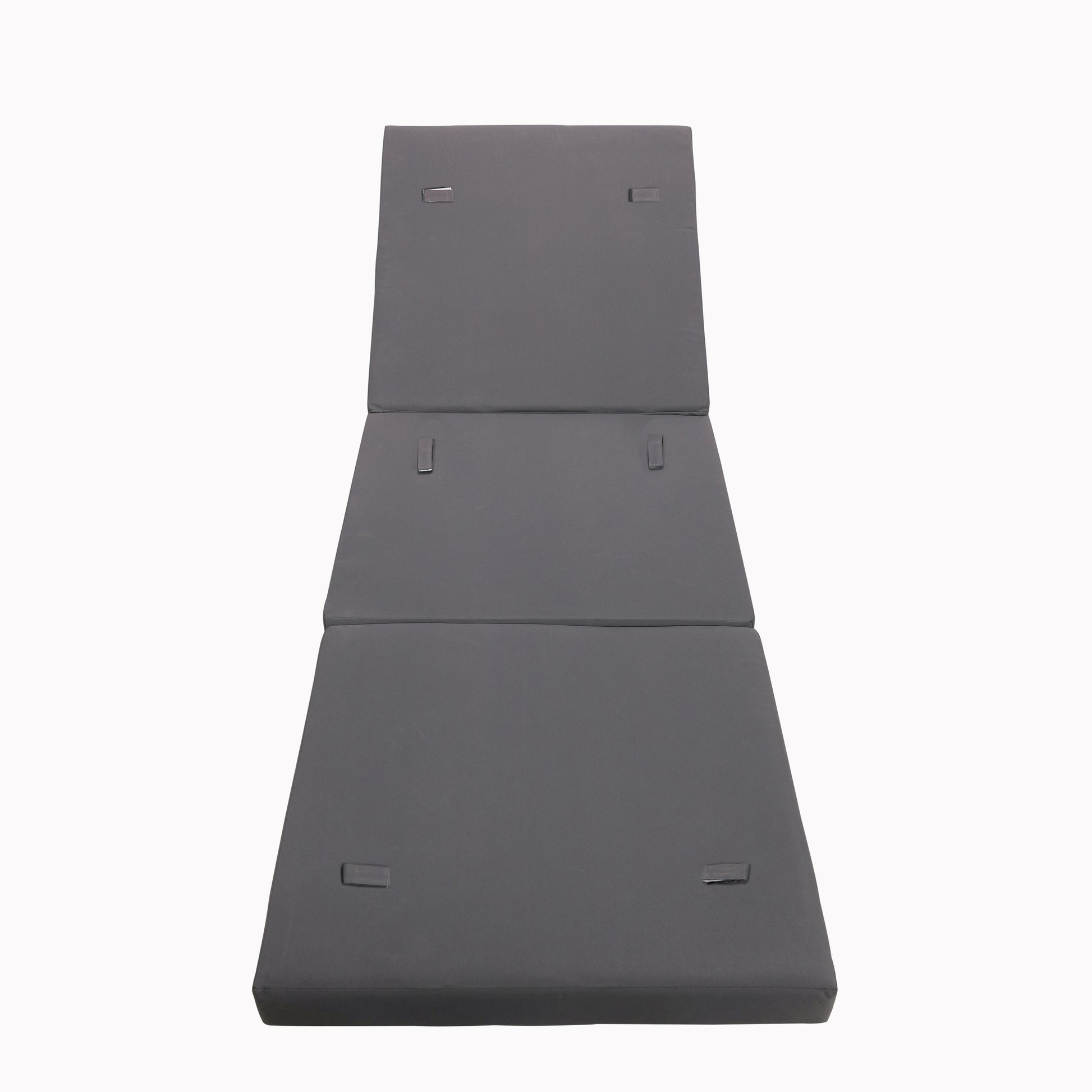Dark gray padded outdoor lounge chair cushion with adjustable back