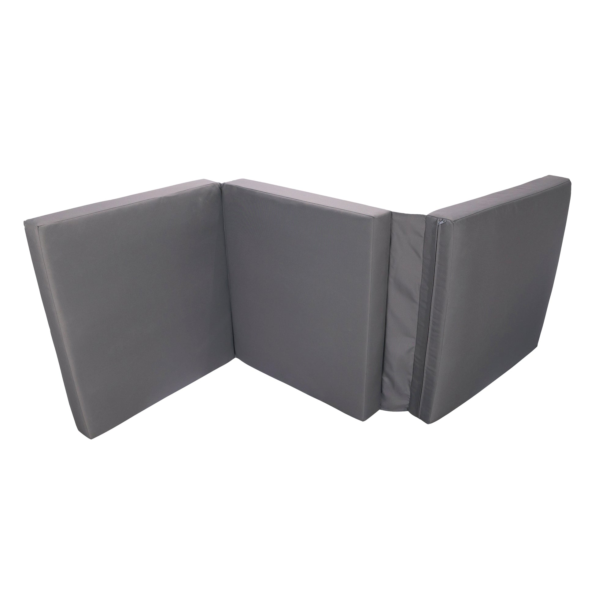 Gray trifold floor mattress with durable upholstery for comfortable guest sleeping