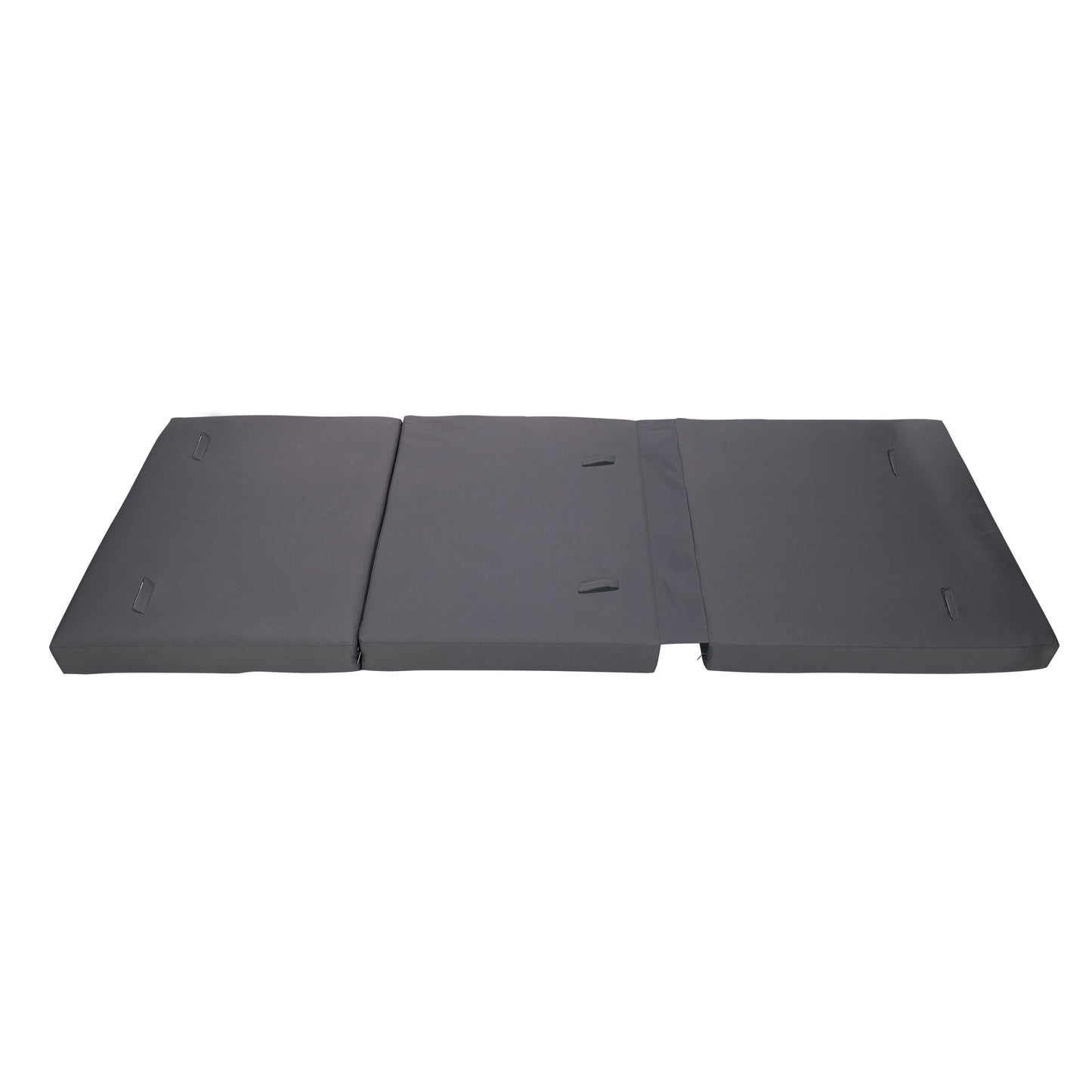 Dark gray trifold floor mattress with integrated handles for portability