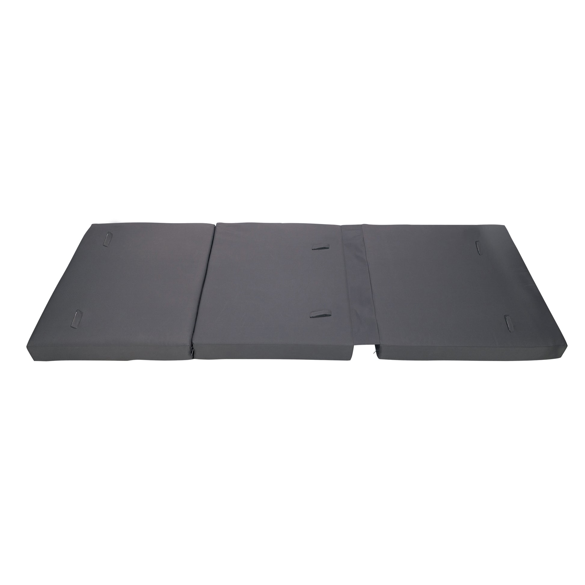 Dark gray trifold floor mattress with integrated handles for portability