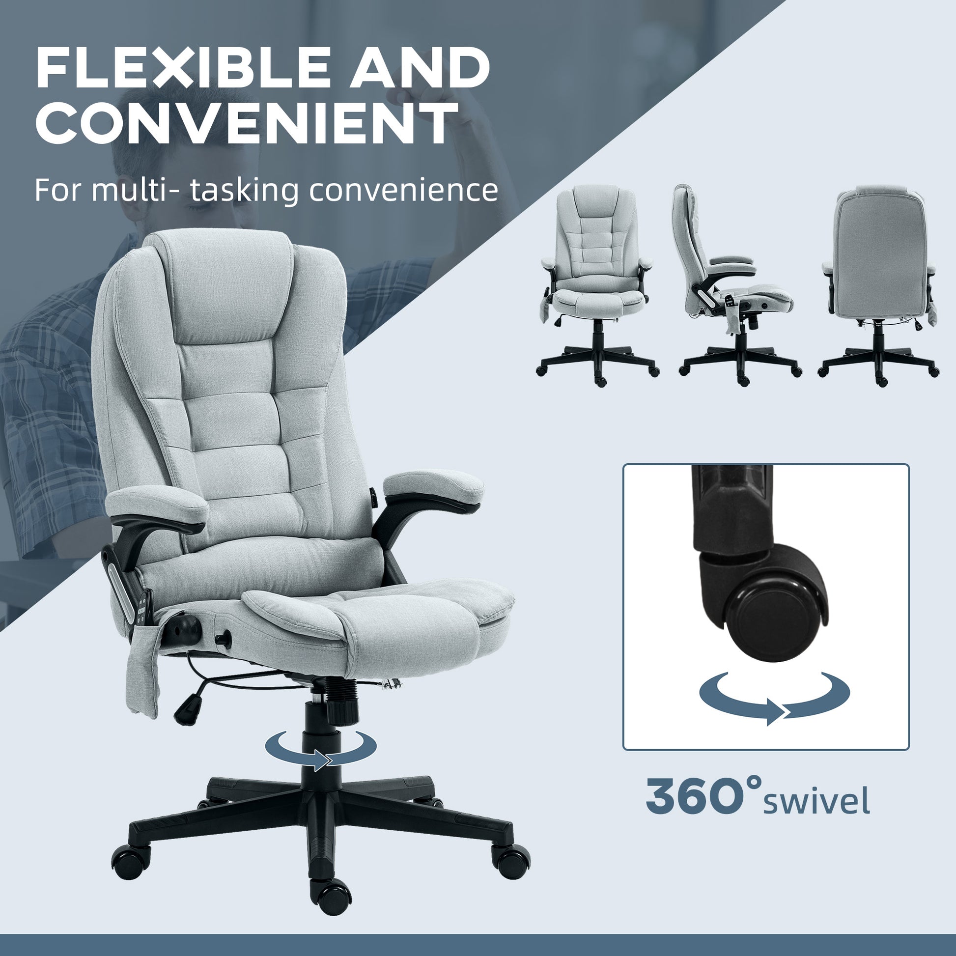 Light grey upholstered executive office chair with massage function and  swivel base