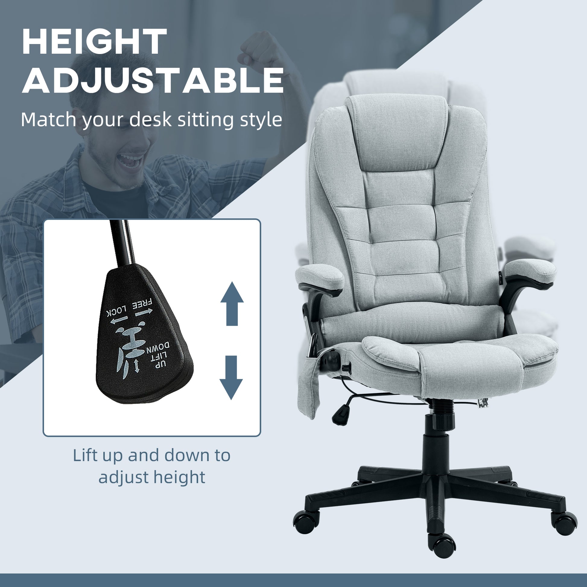 Light grey fabric executive office chair with height adjustment lever