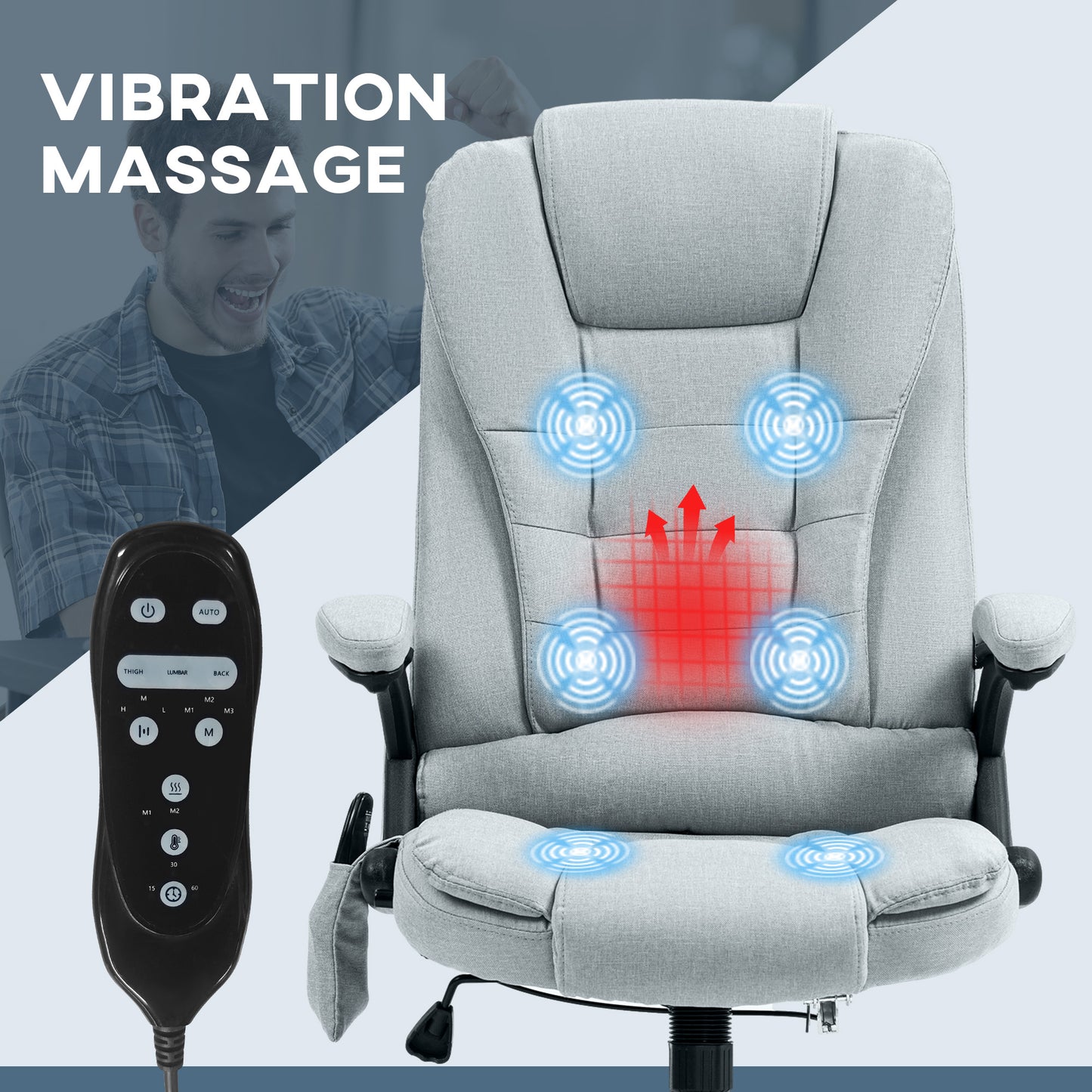 Light gray fabric office chair with multiple vibration massage zones and wired remote control