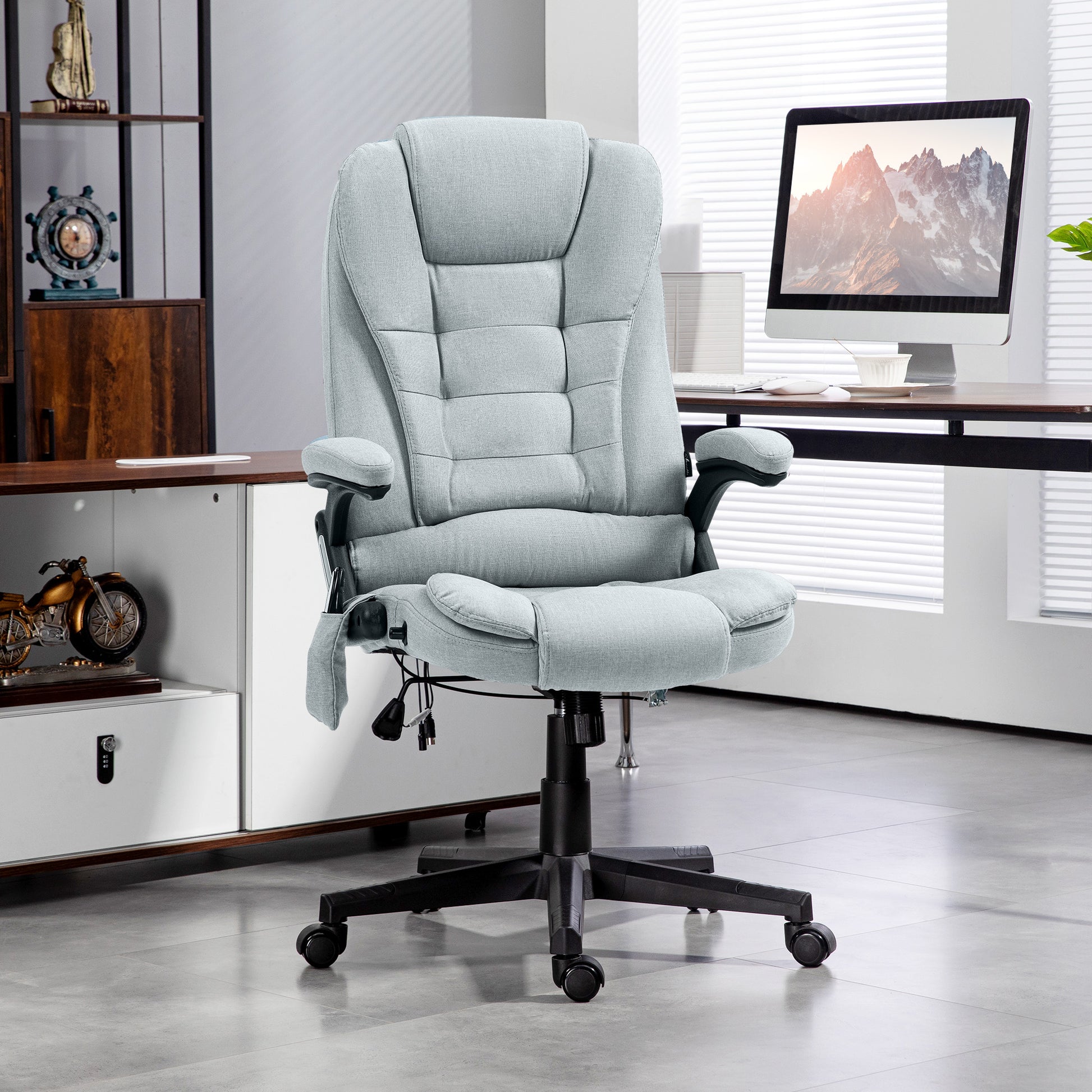 Light grey fabric executive office chair with lumbar support and adjustable armrests