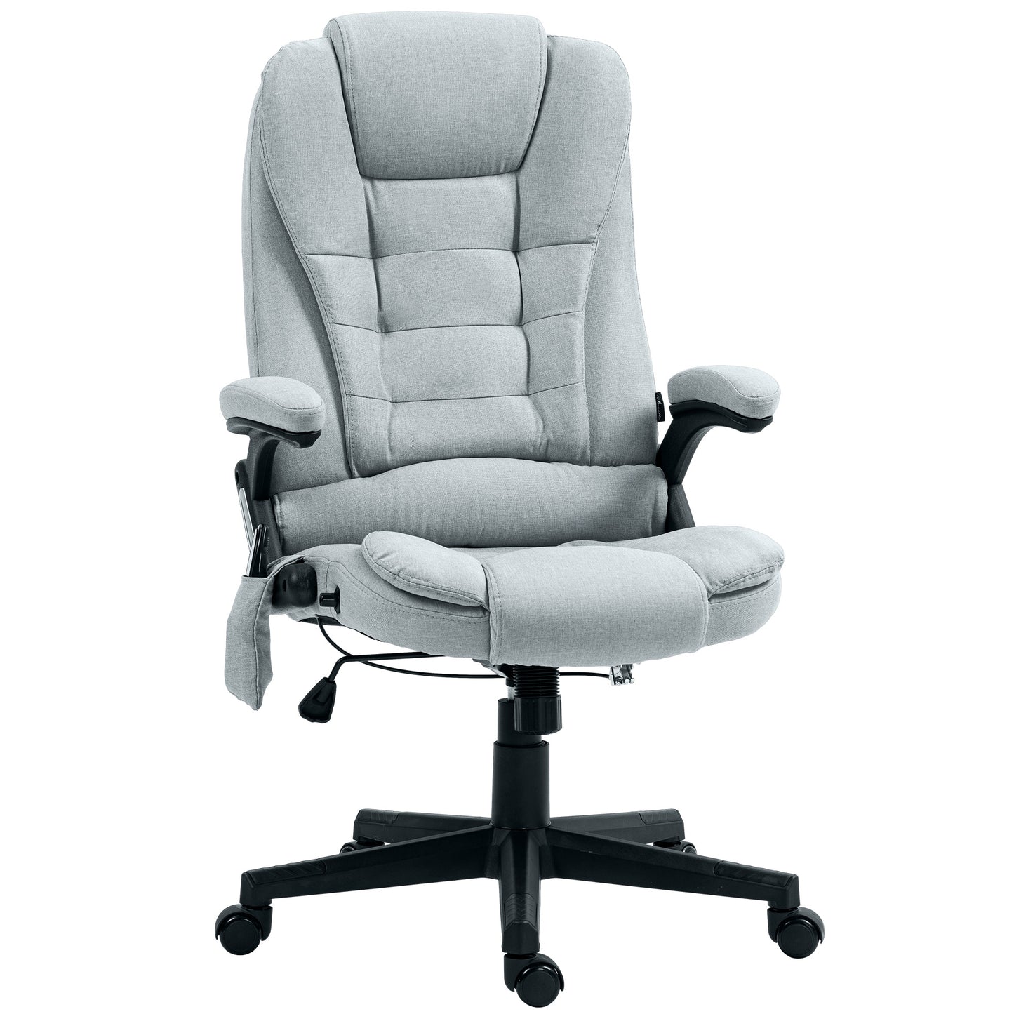 Light grey upholstered ergonomic office chair with adjustable headrest and lumbar support