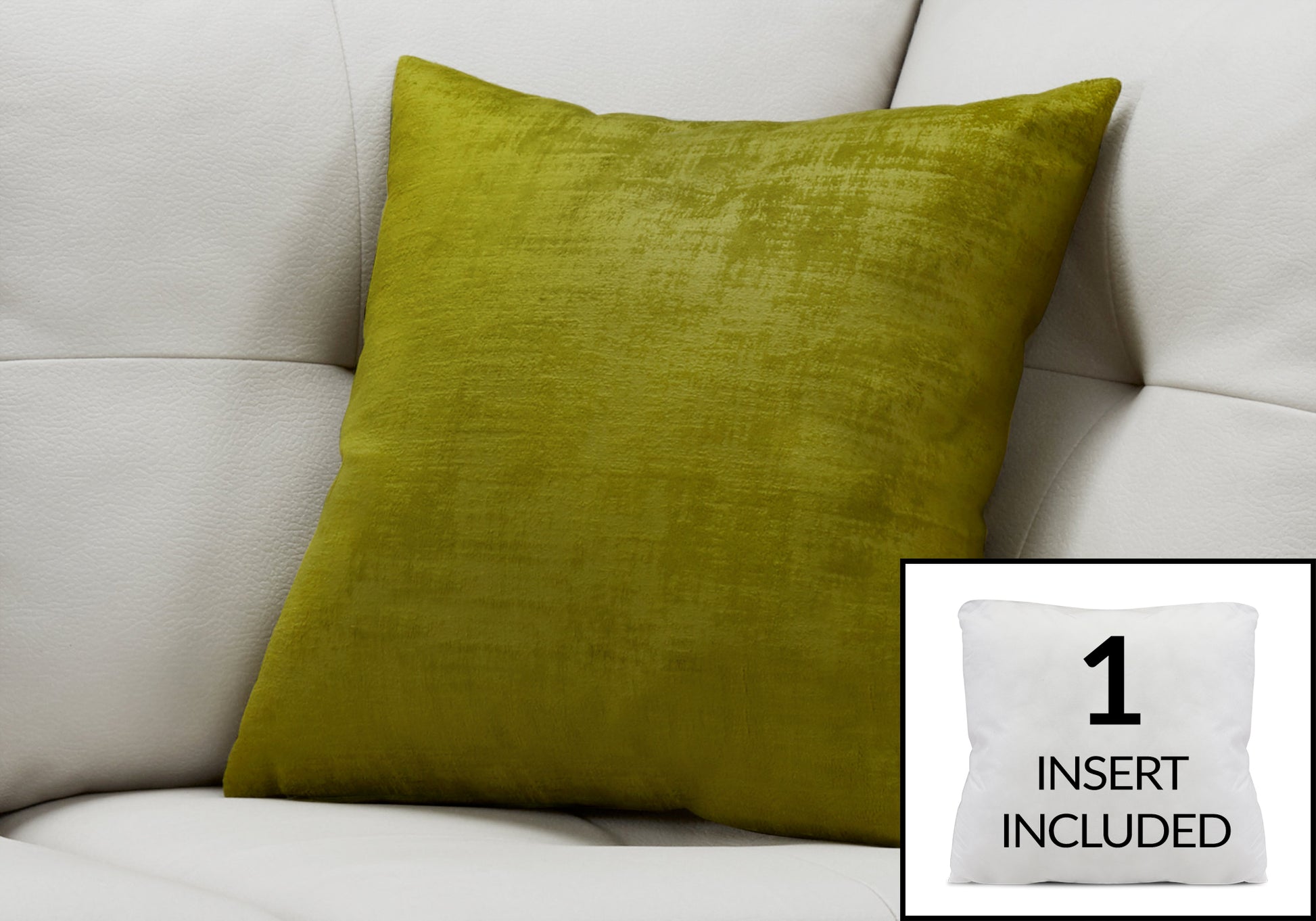 Textured lime green velvet throw pillow on white tufted sofa