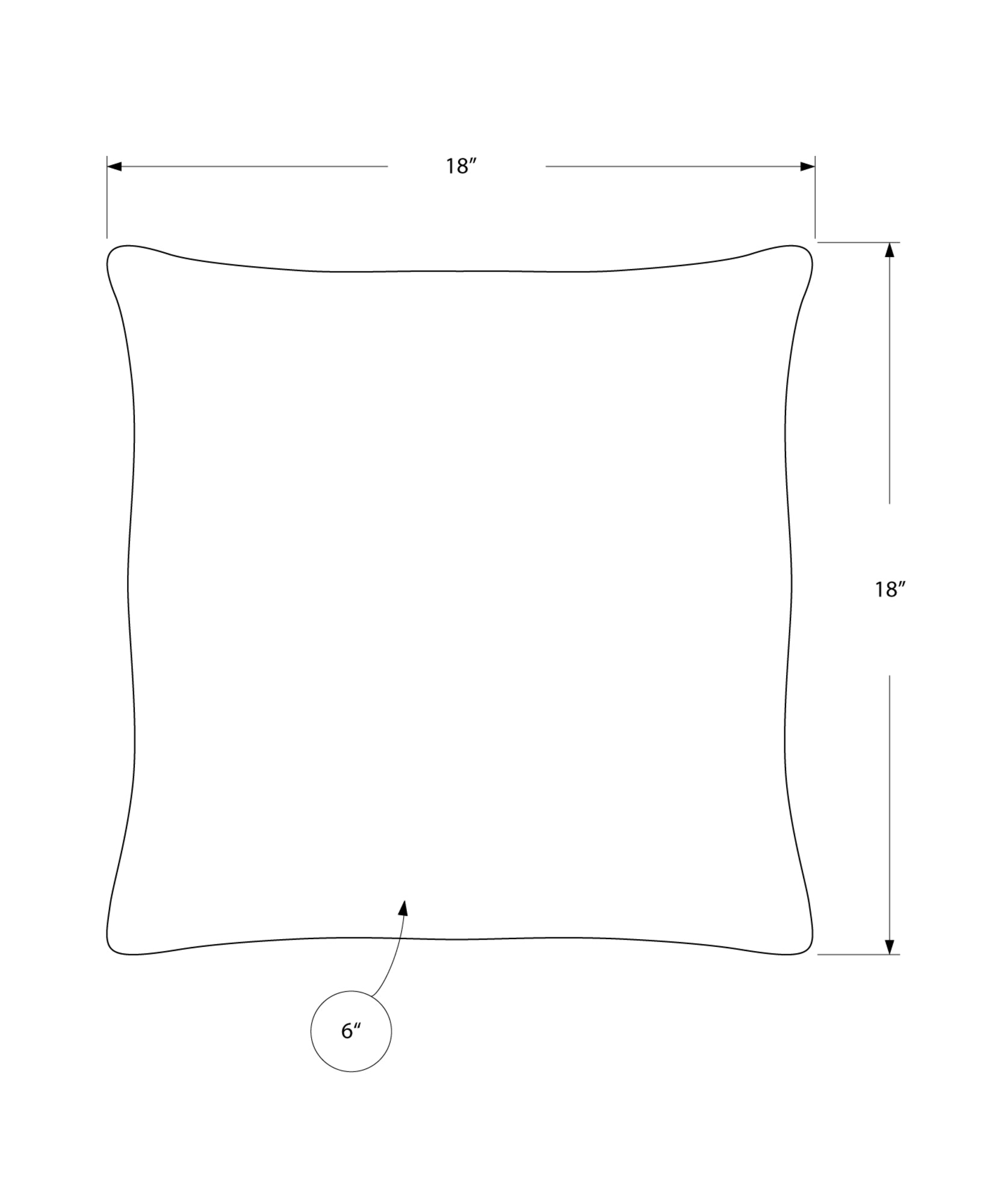 Diagram of an x inch square throw pillow with a  inch depth showing dimensions