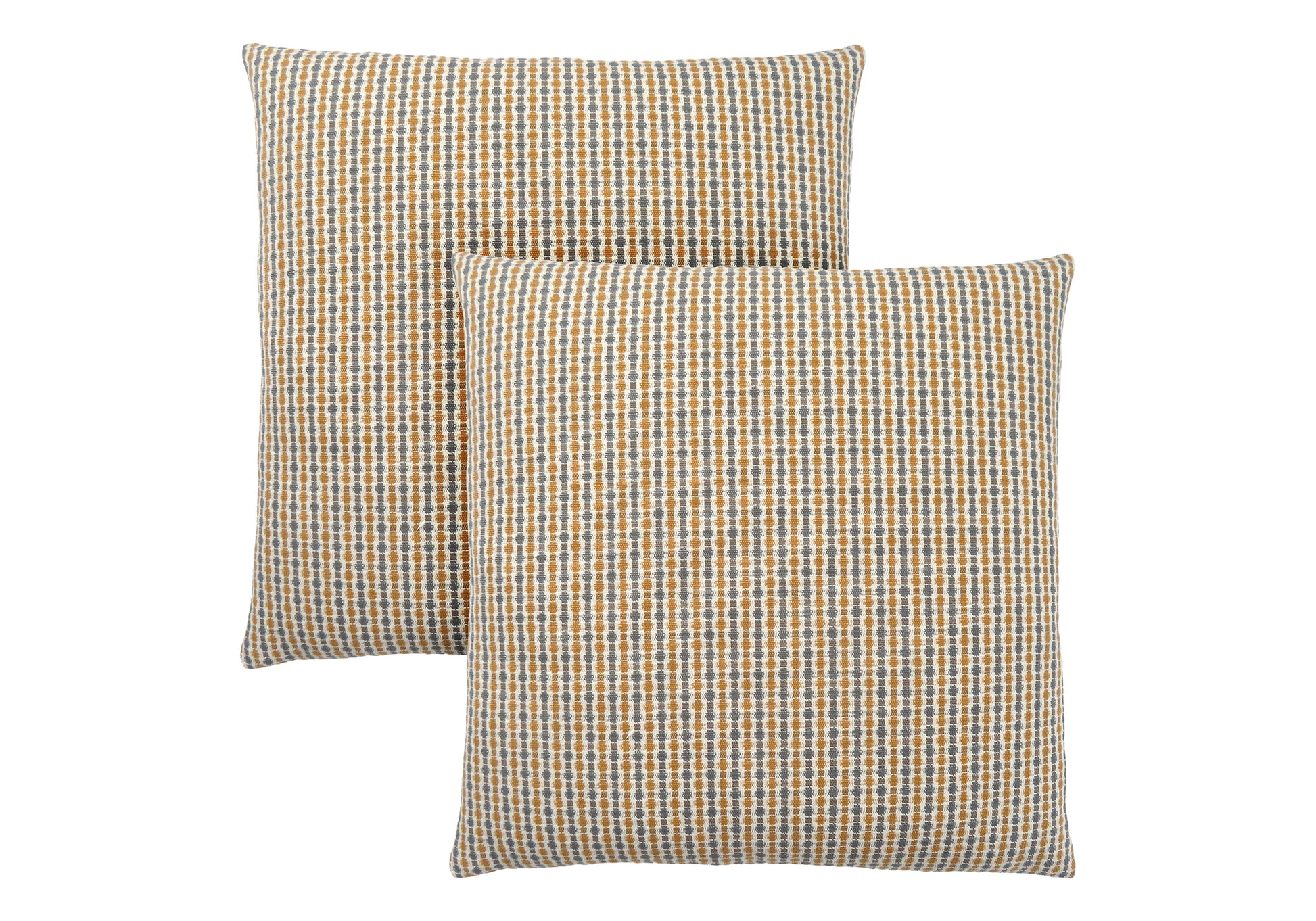 Two rectangular decorative pillows with a subtle striped pattern of gold and grey dots