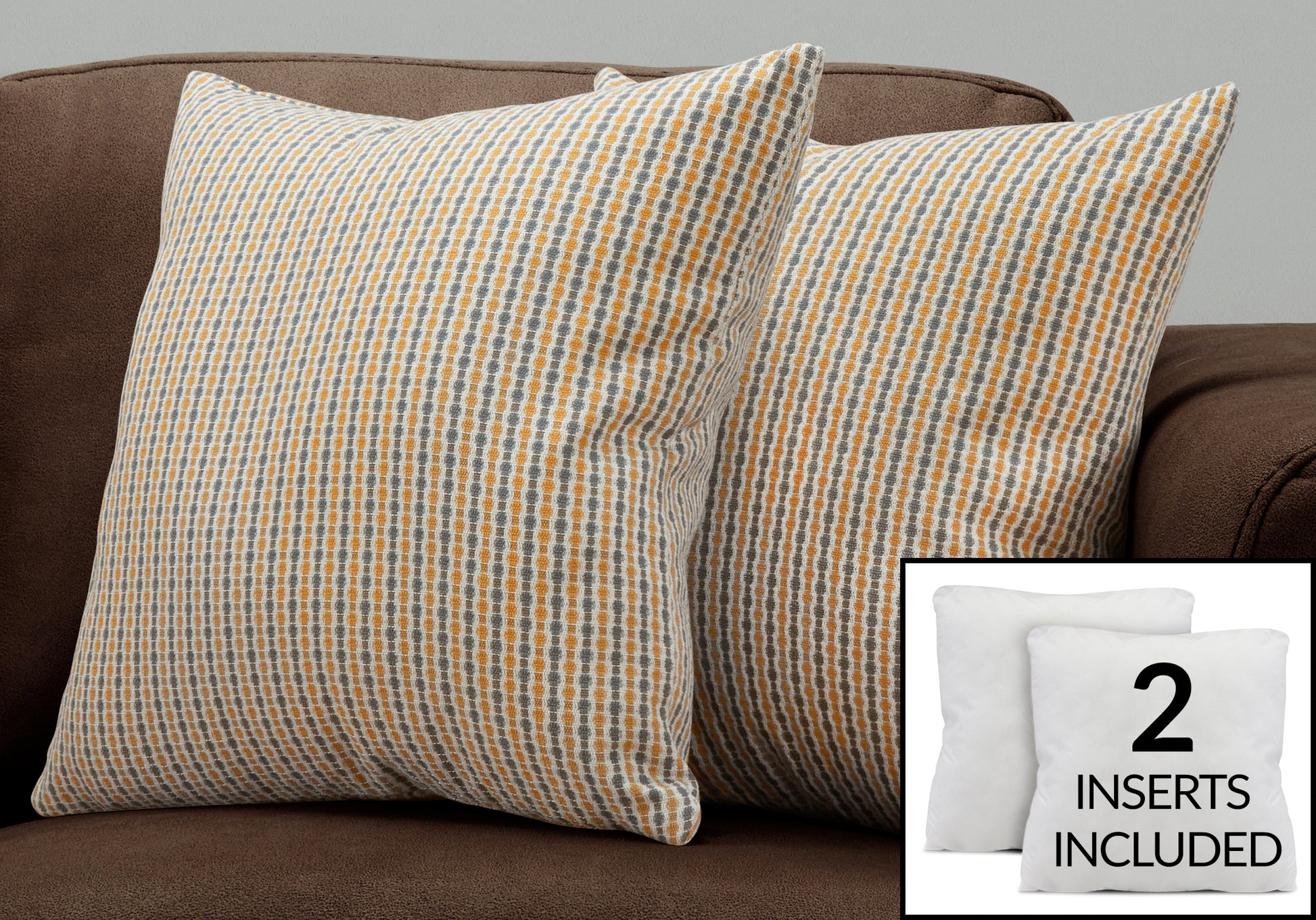 Decorative throw pillow with geometric pattern in grey and orange hues