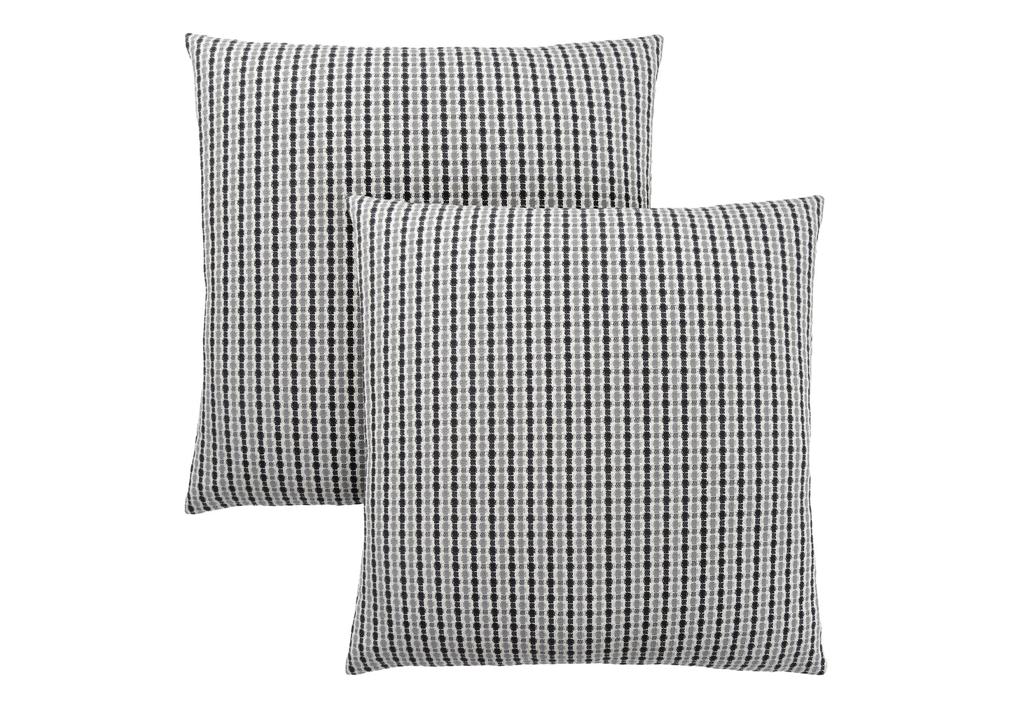 Two grey and white checkered throw pillows with a textured weave