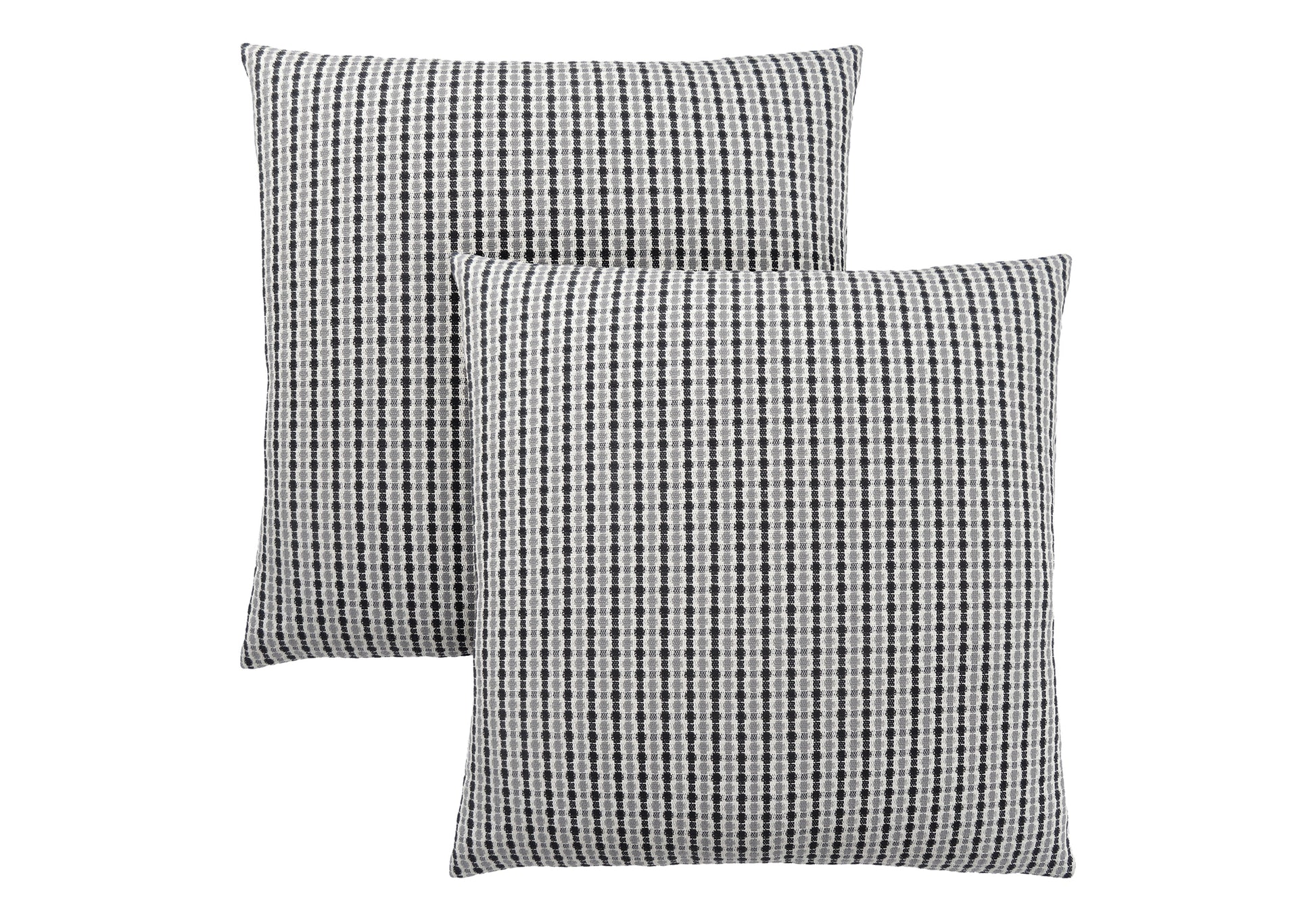 Two grey and white checkered throw pillows with a textured weave
