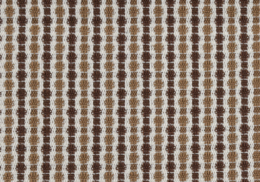 Woven fabric with a repeating geometric pattern of small squares in white light brown and dark brown