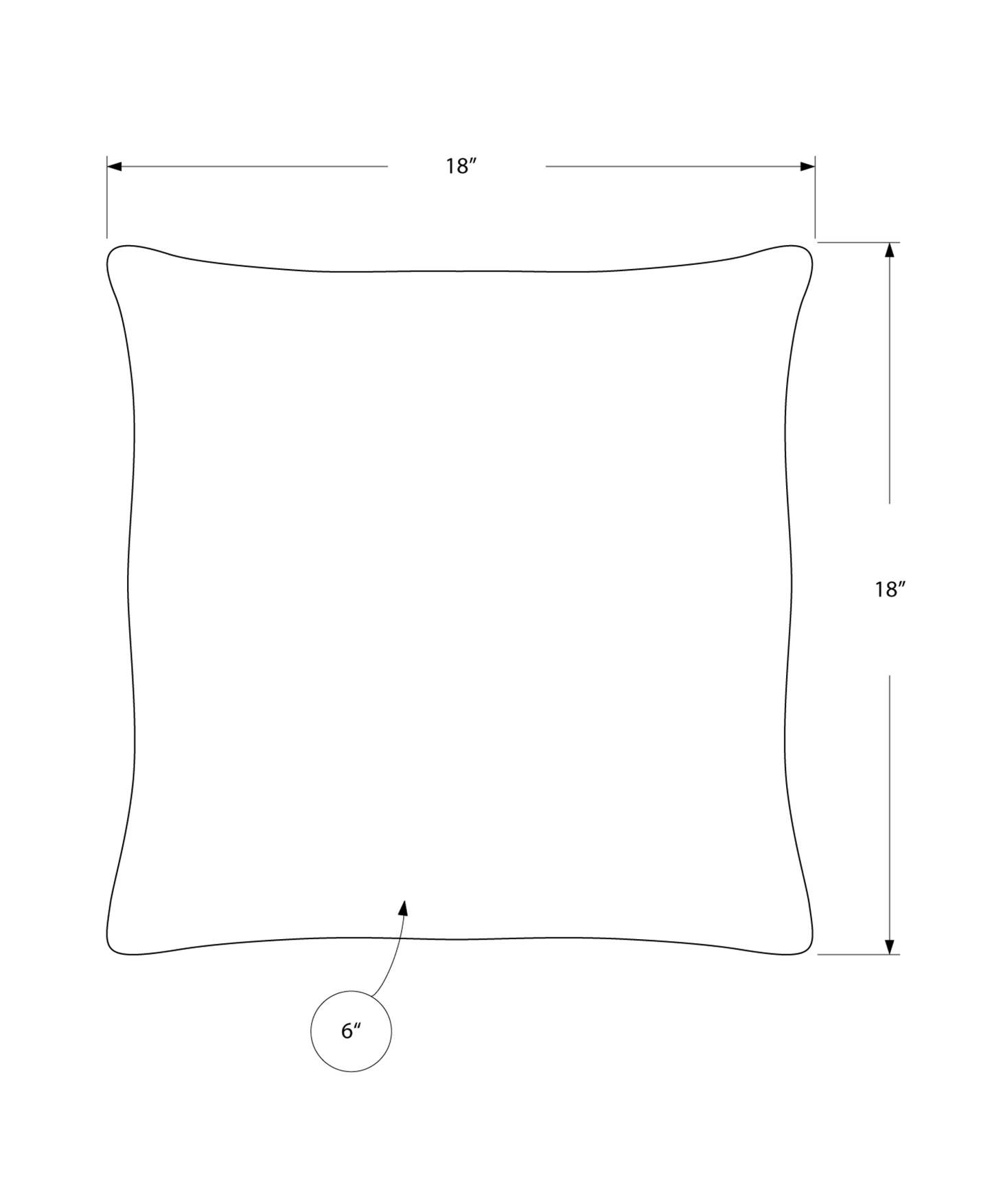 Line drawing of an x inch square cushion  inches deep