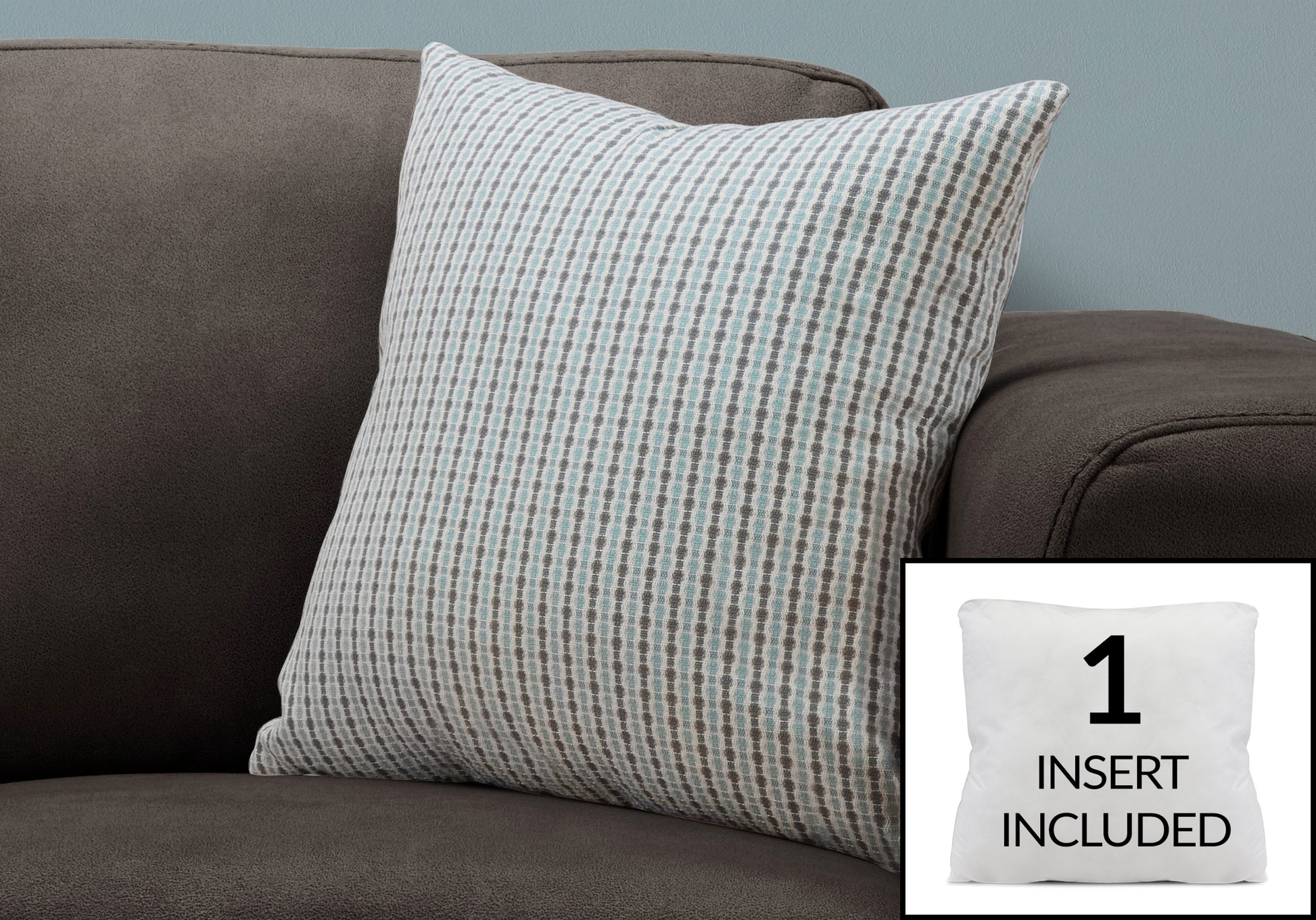 Decorative throw pillow with a grey and blue textured stripe pattern