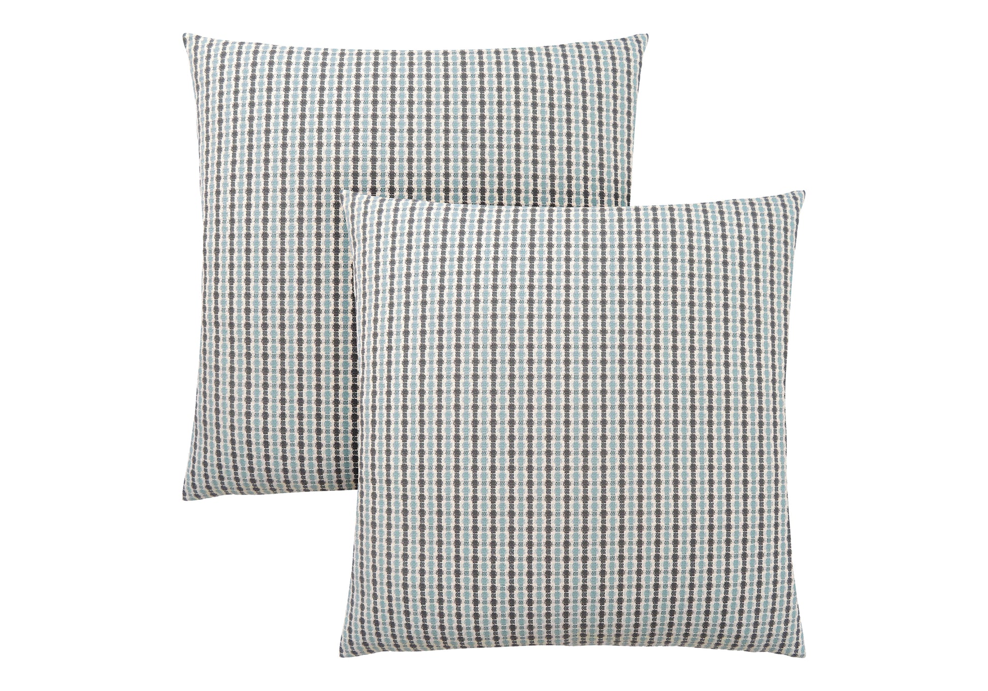 Two textured throw pillows with a grey blue and white grid pattern