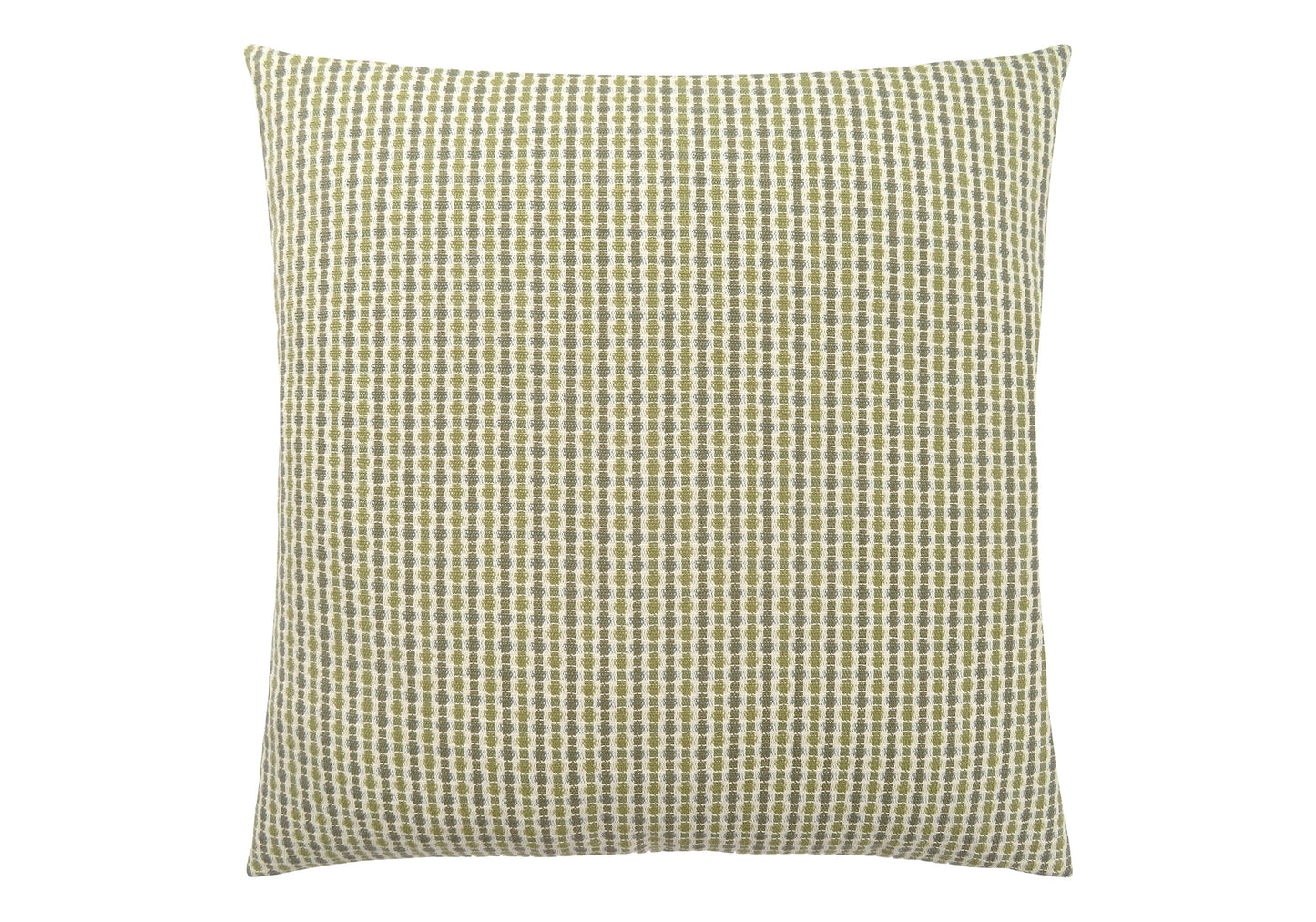Woven throw pillow with alternating olive green and grey vertical stripes of textured dots