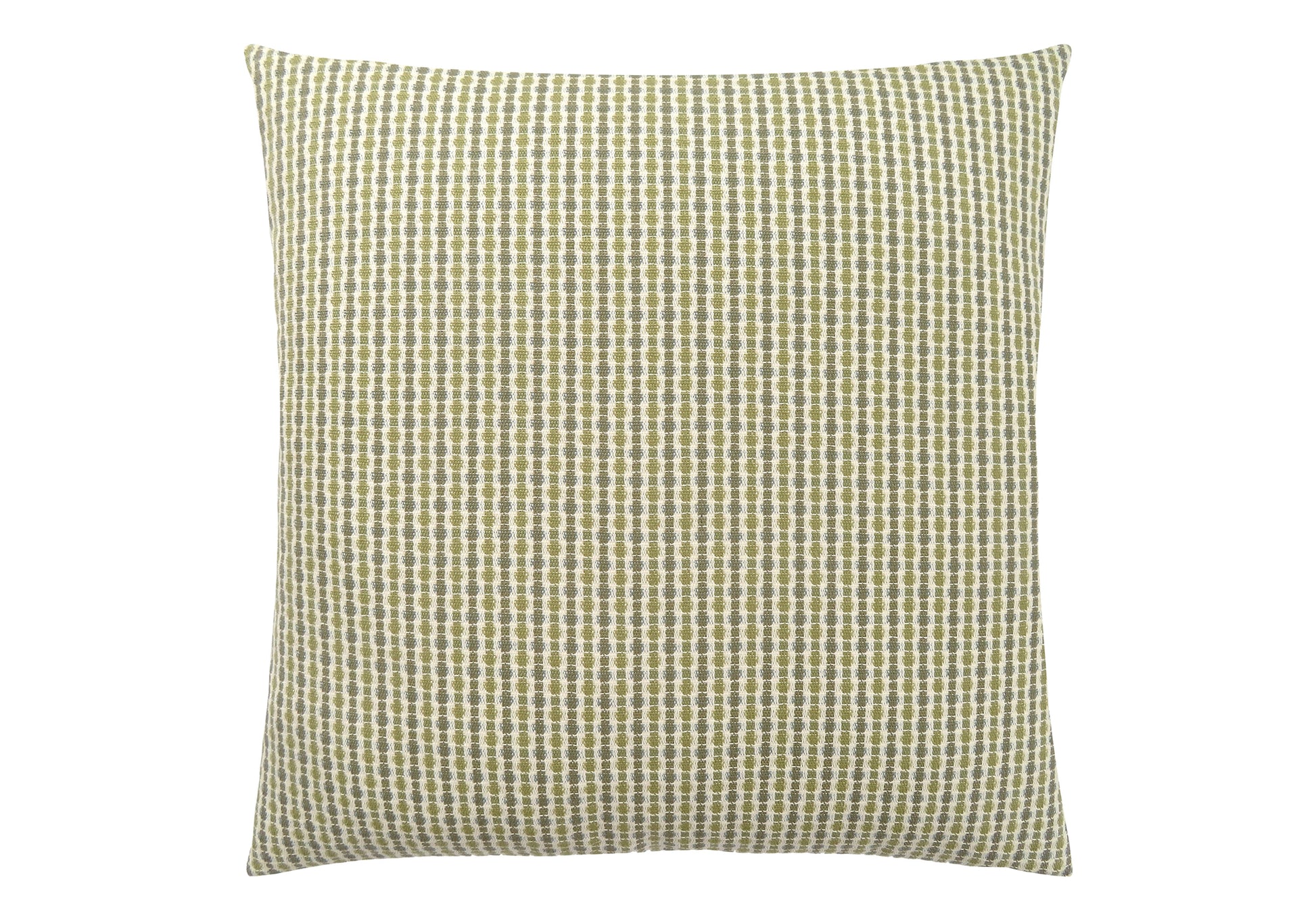 Woven throw pillow with alternating olive green and grey vertical stripes of textured dots