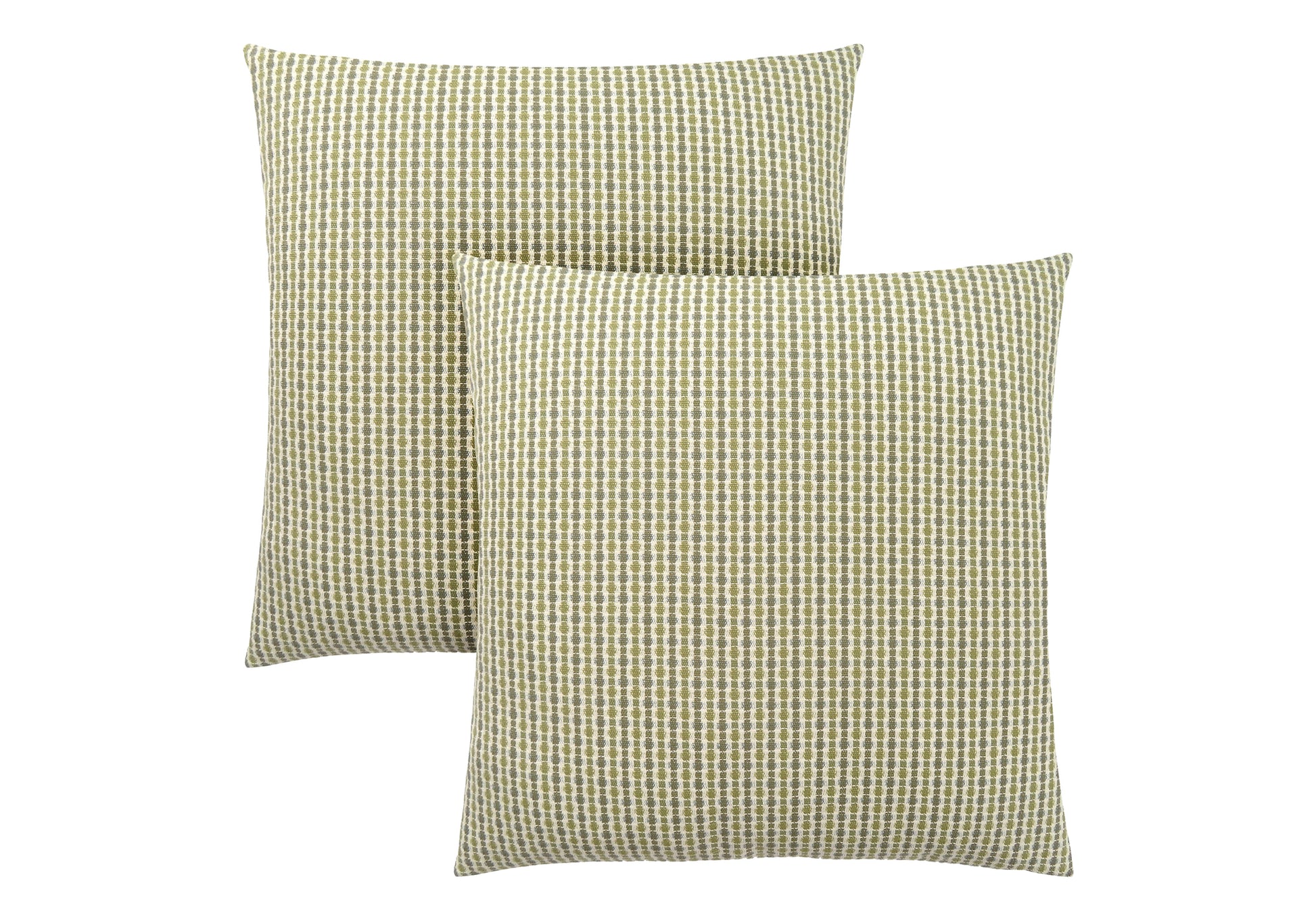 Two green and white geometric pattern throw pillows for home decor