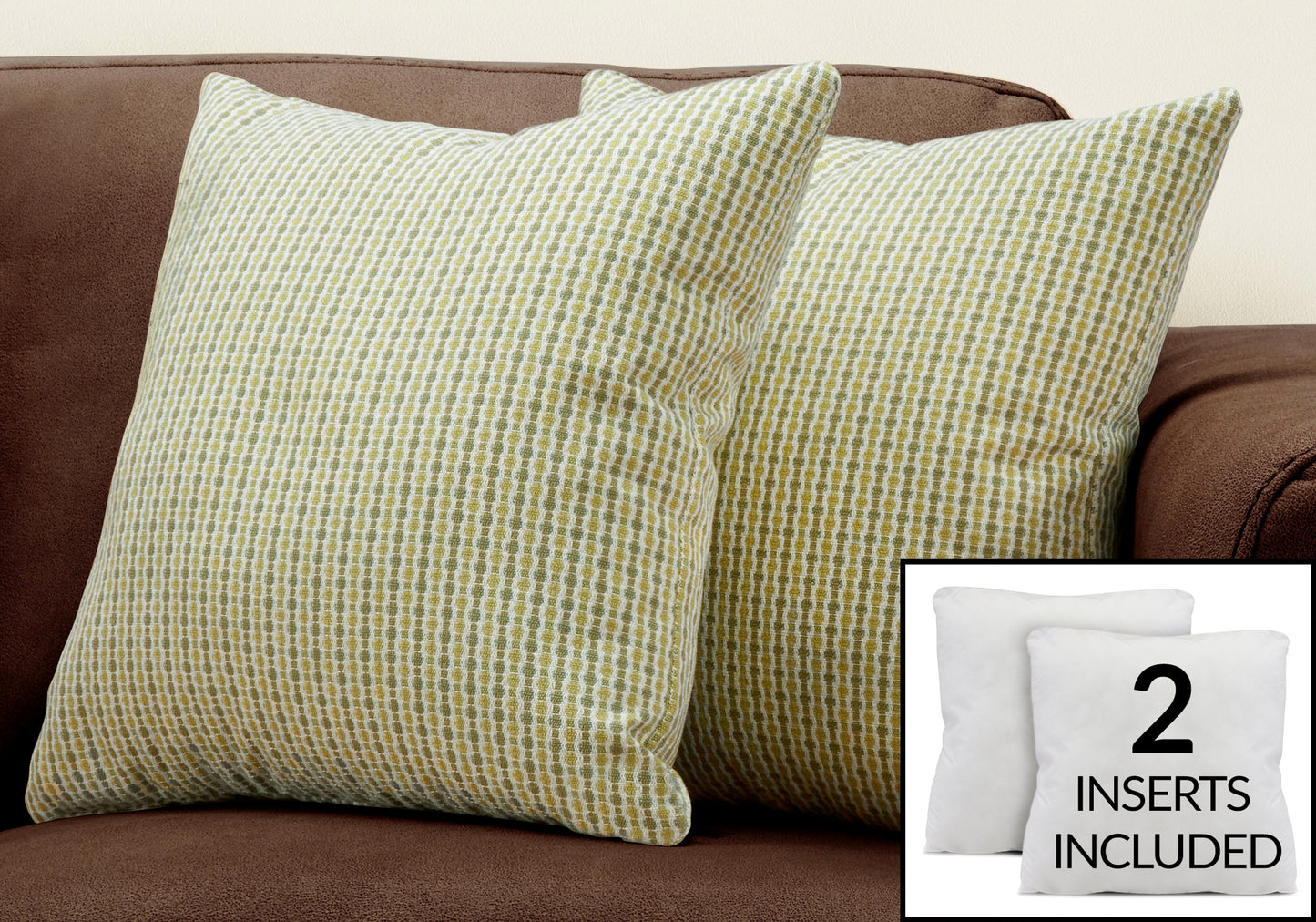 Two textured throw pillows in lime green and white pattern on a brown couch