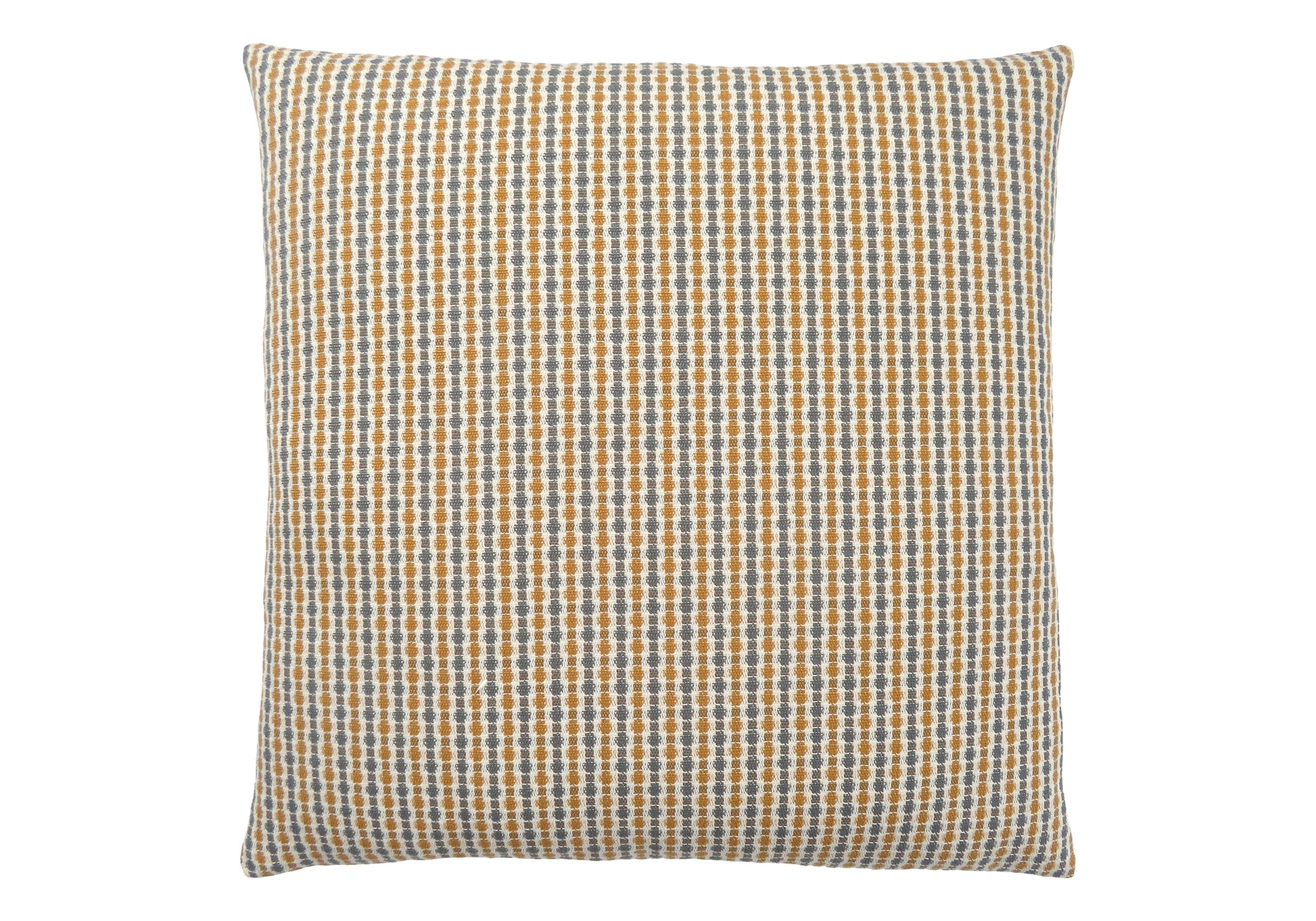 Woven throw pillow with a textured pattern of ochre grey and cream