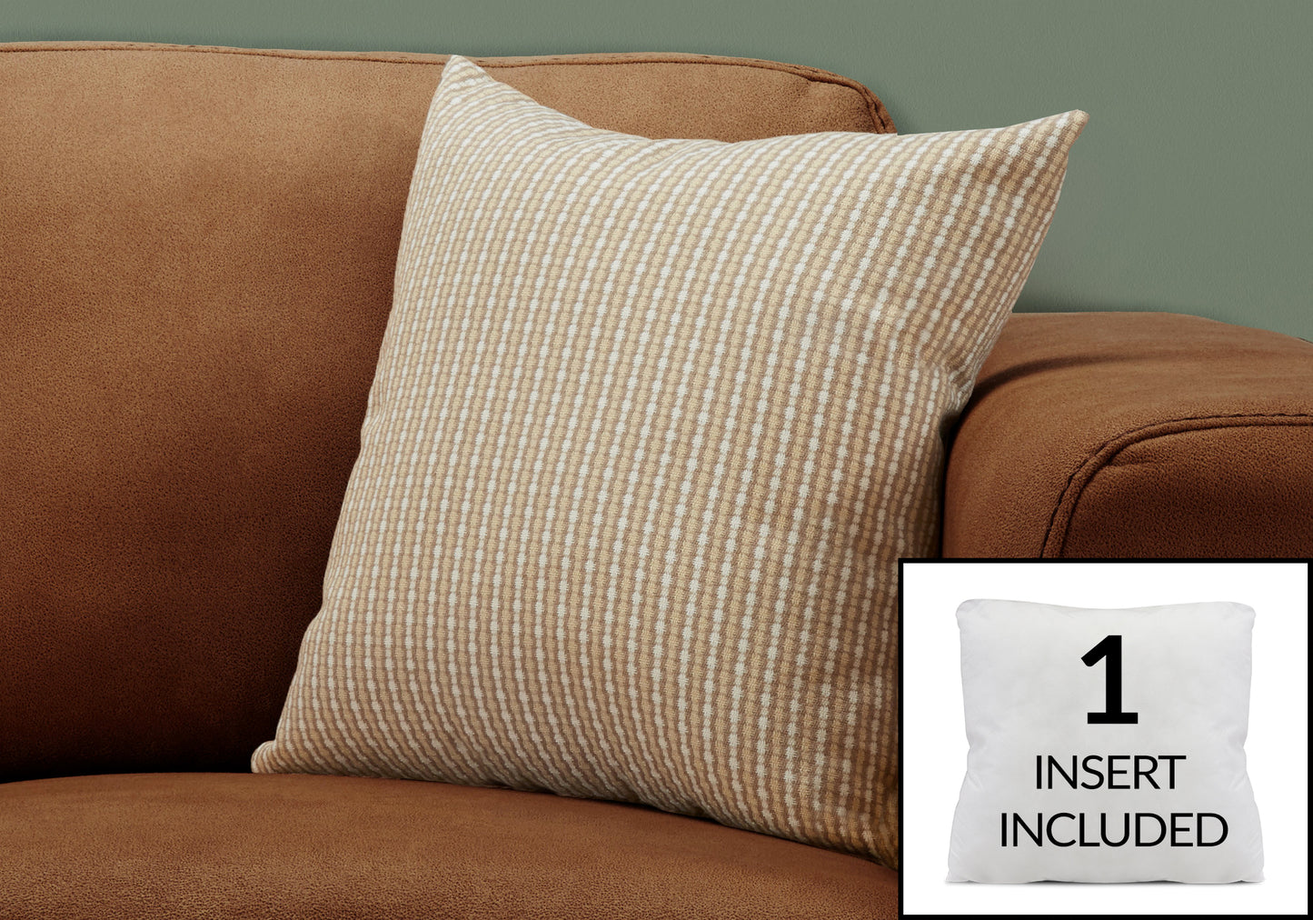 Tan and white striped decorative pillow on a brown sofa