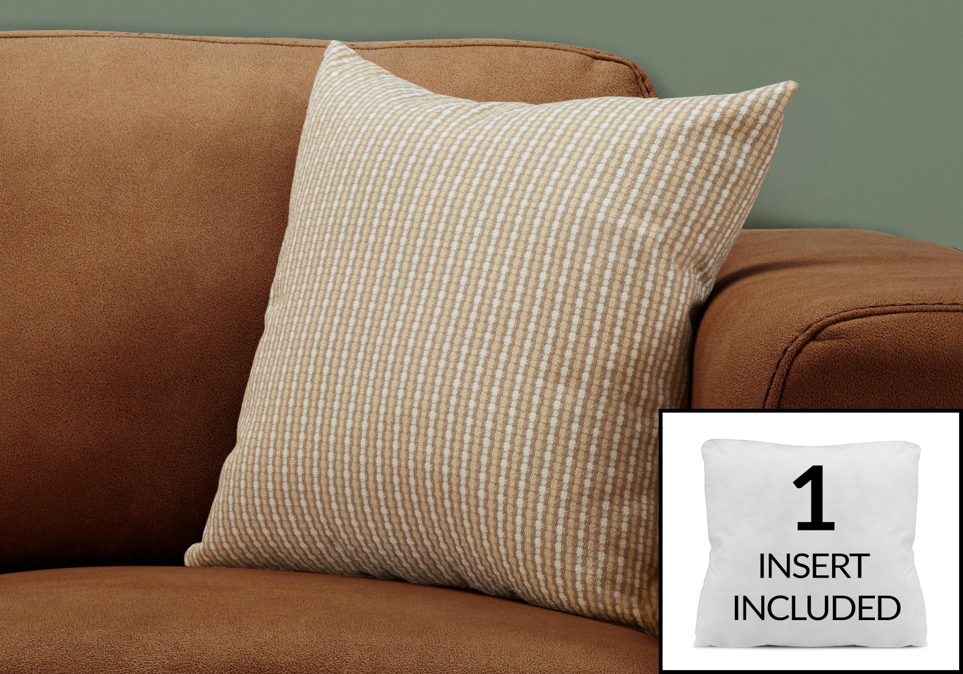 Tan and white striped decorative pillow on a brown sofa