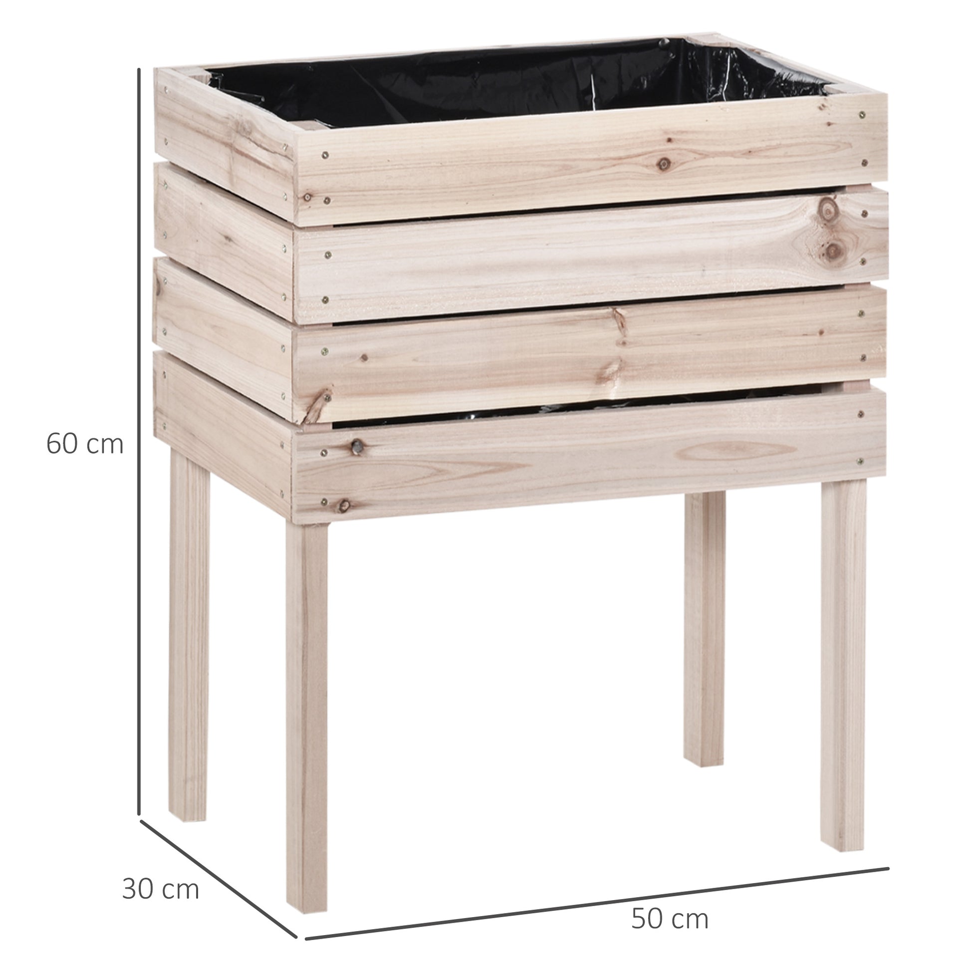Raised garden bed with wooden structure and black liner for planting herbs and vegetables