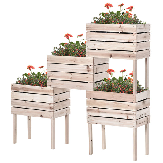 Tiered wooden planter with vibrant orange flowers and green foliage ideal for garden displays