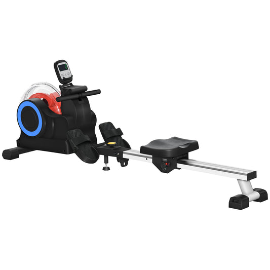 Black and red water rowing machine with digital display ideal for home gyms