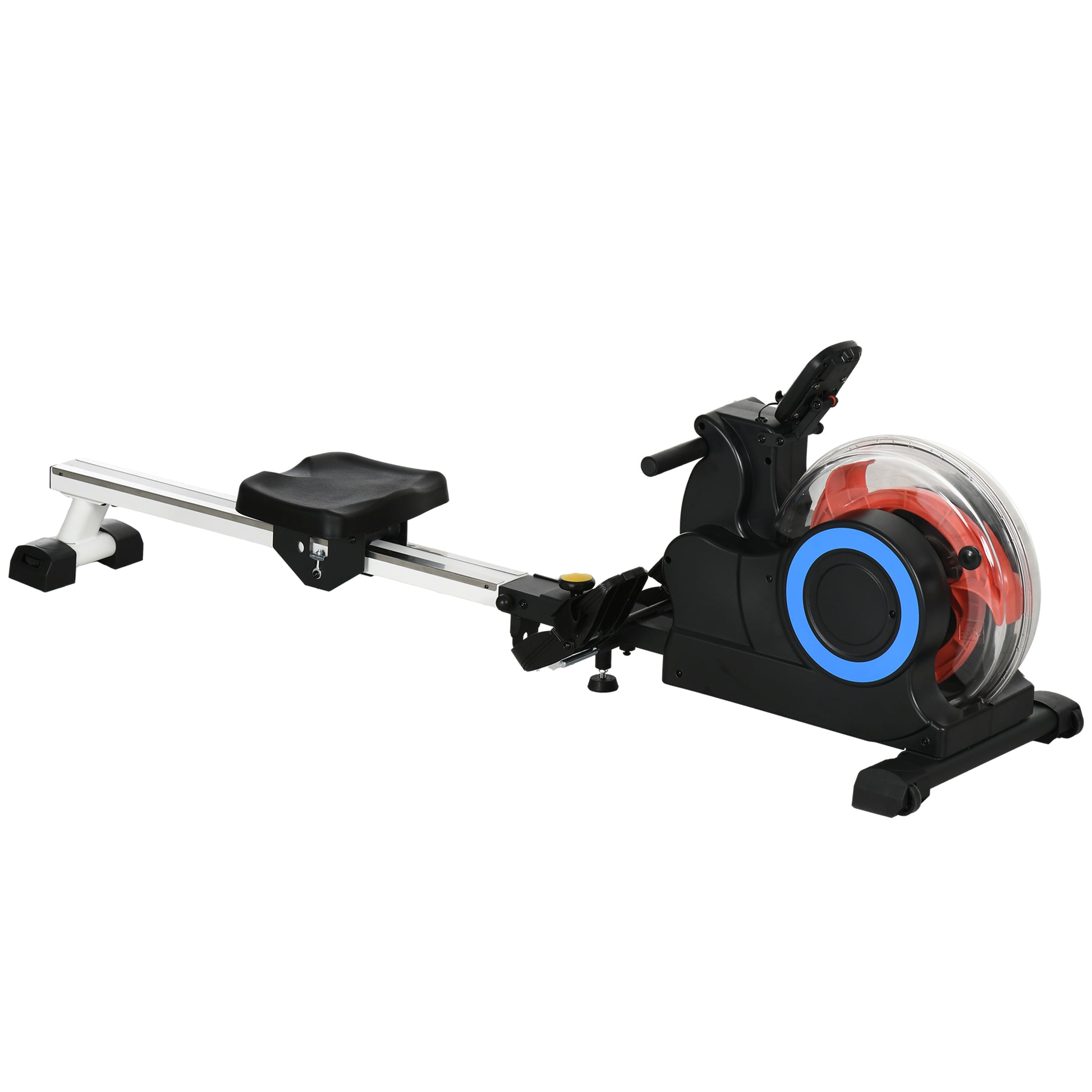 Black water rower with red inner wheel blue accent ring and black seat