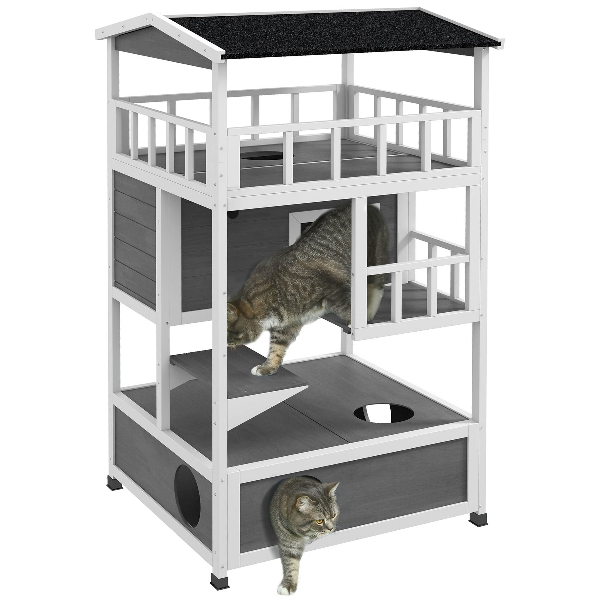 Multilevel wooden cat condo with balconies and enclosed lower levels for pets