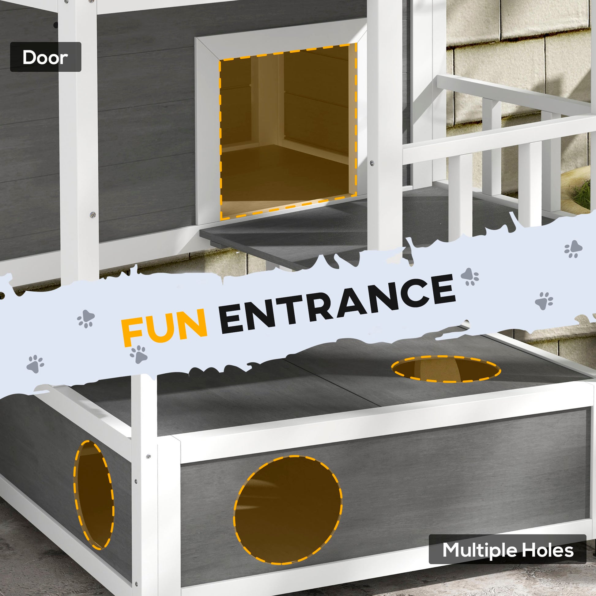 Twostory gray and white pet house with multiple entry holes