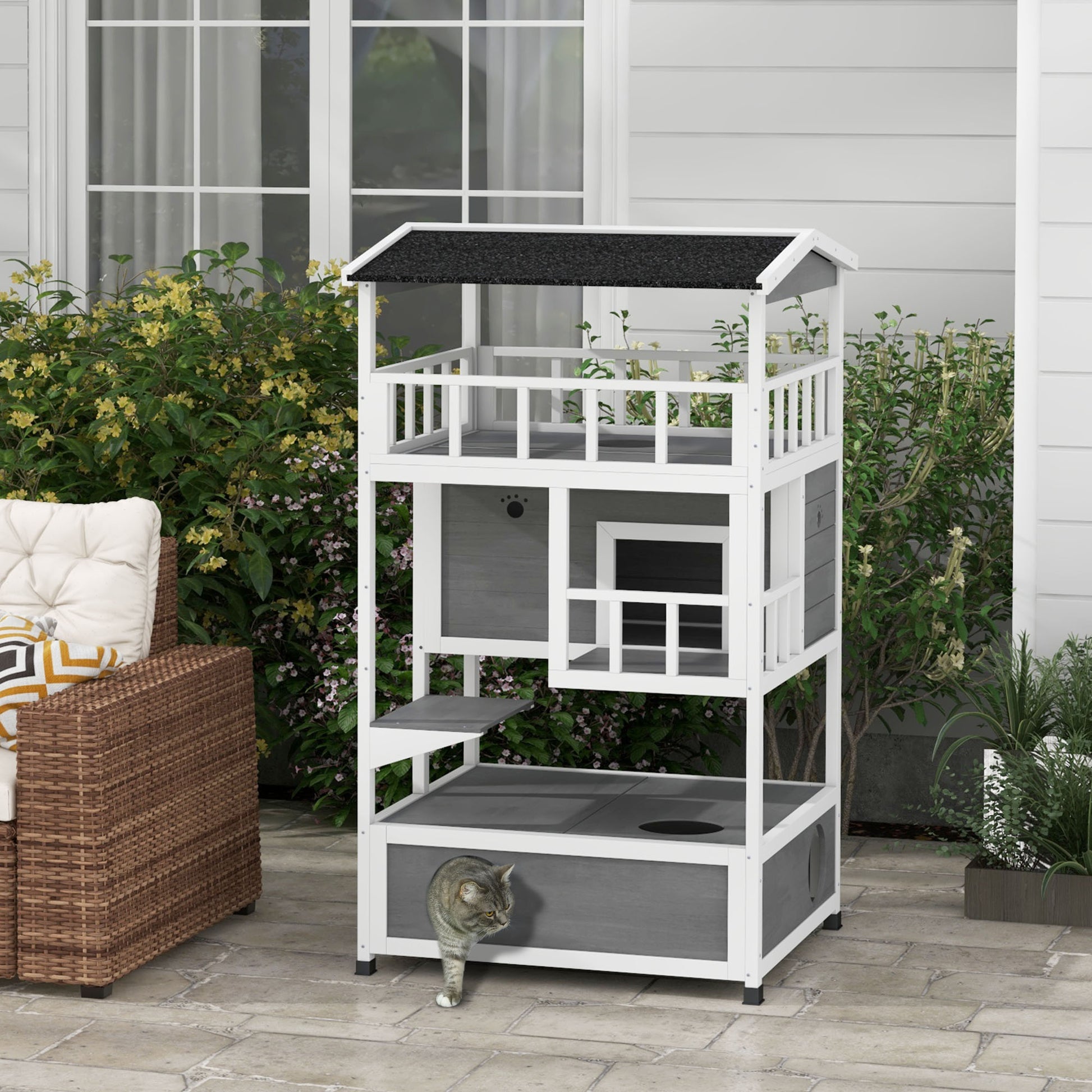 Multilevel gray and white outdoor cat tree with roof and open sides