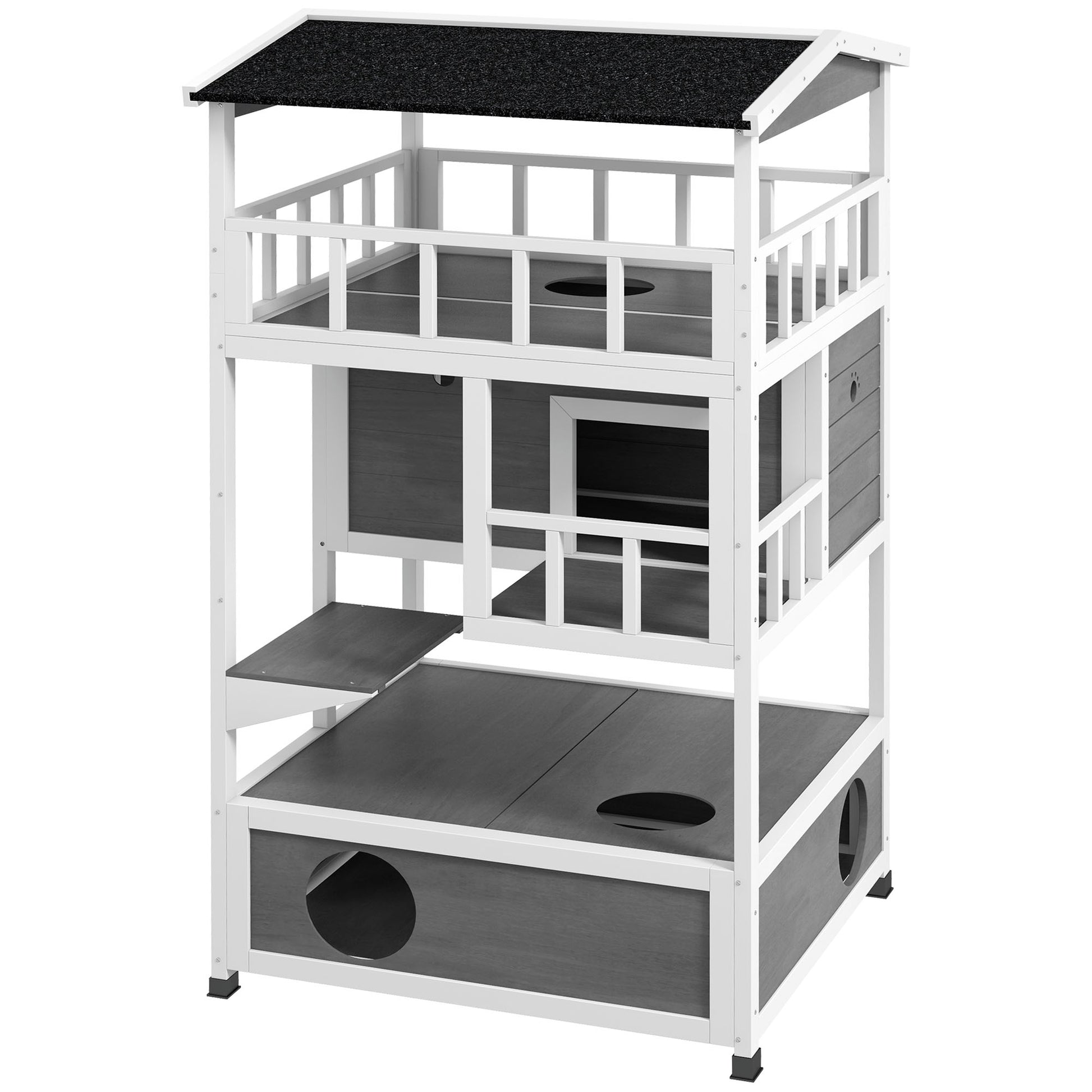 Multilevel wooden cat tree with platforms and hideaways white and grey finish