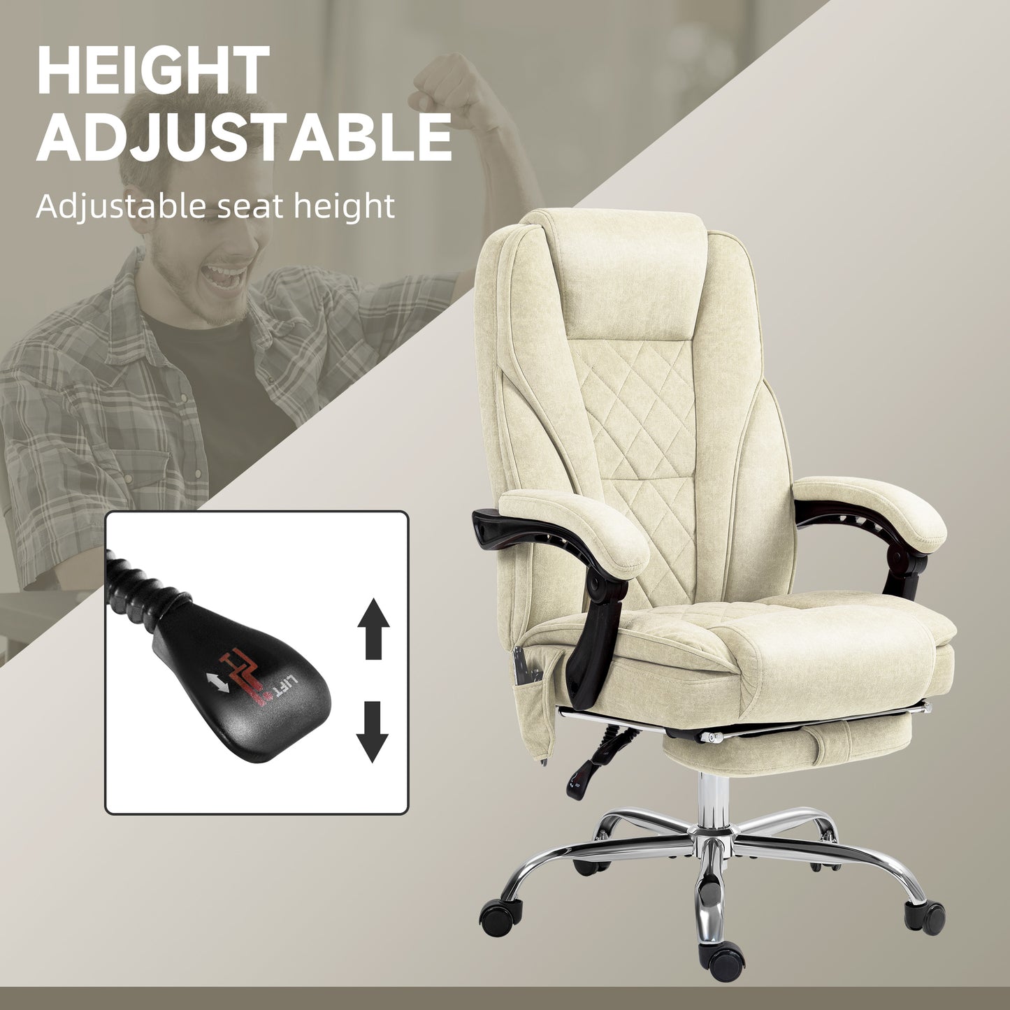 Cream upholstered executive office chair with diamond stitching and adjustable footrest