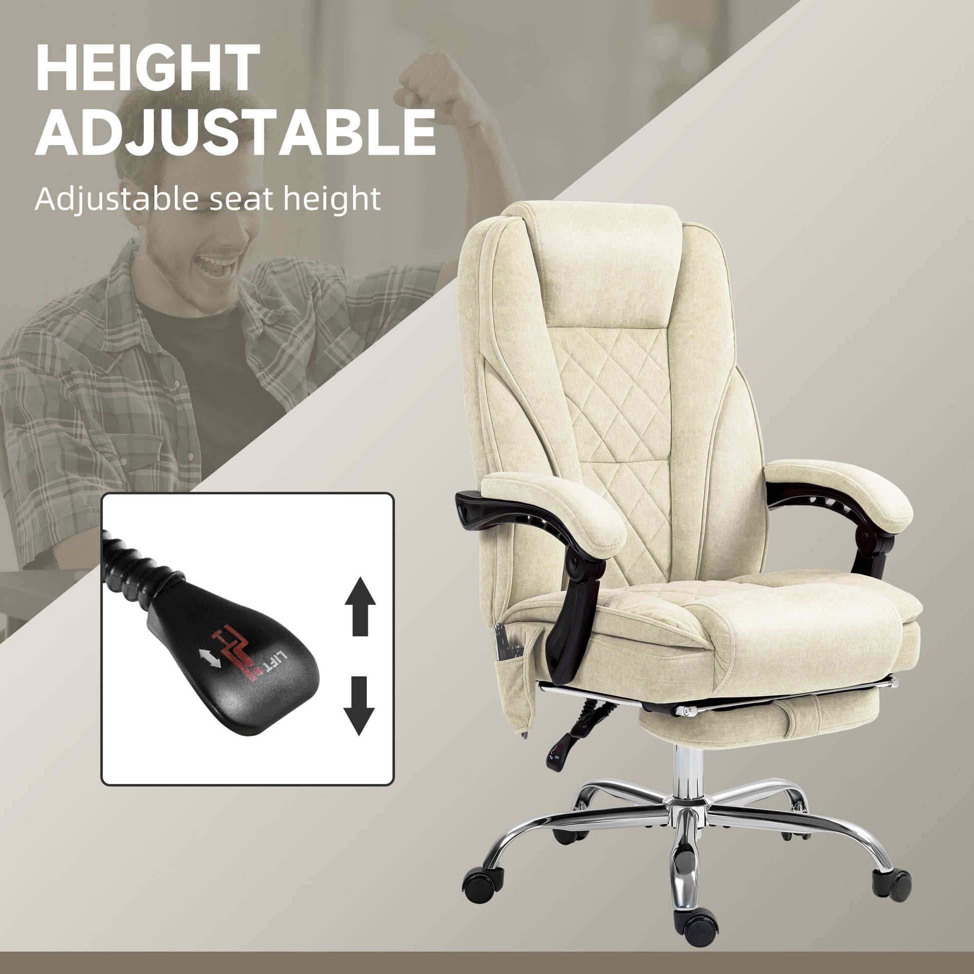 Cream upholstered executive office chair with diamond stitching and adjustable footrest