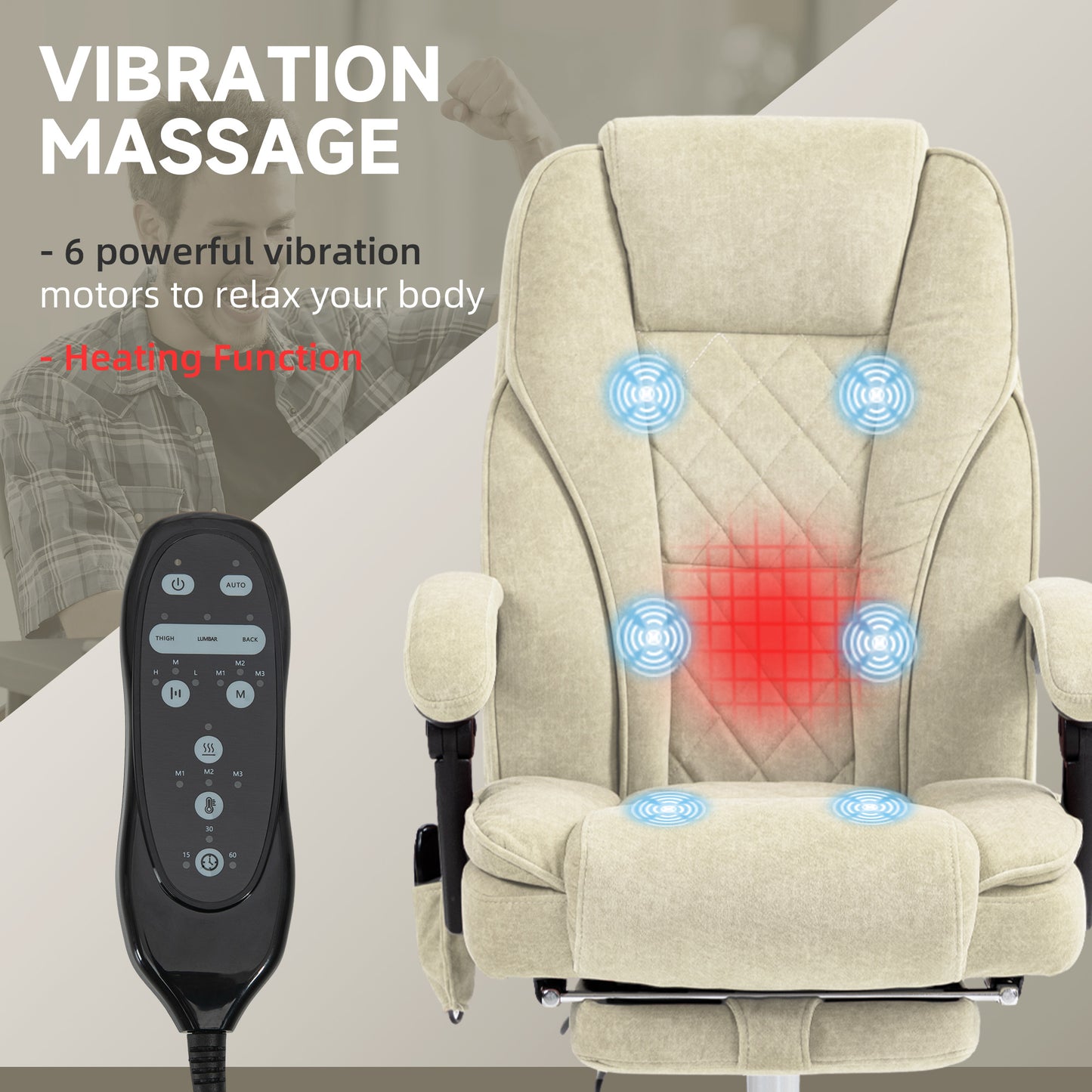 Beige fabric office chair with  vibration motors and heating function for ultimate relaxation