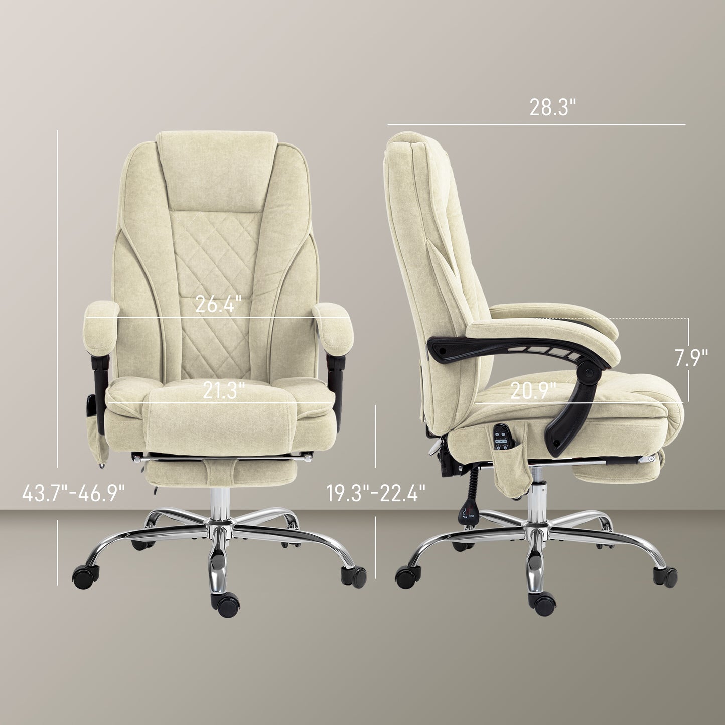Beige fabric office chair with integrated footrest and massage functions  wide