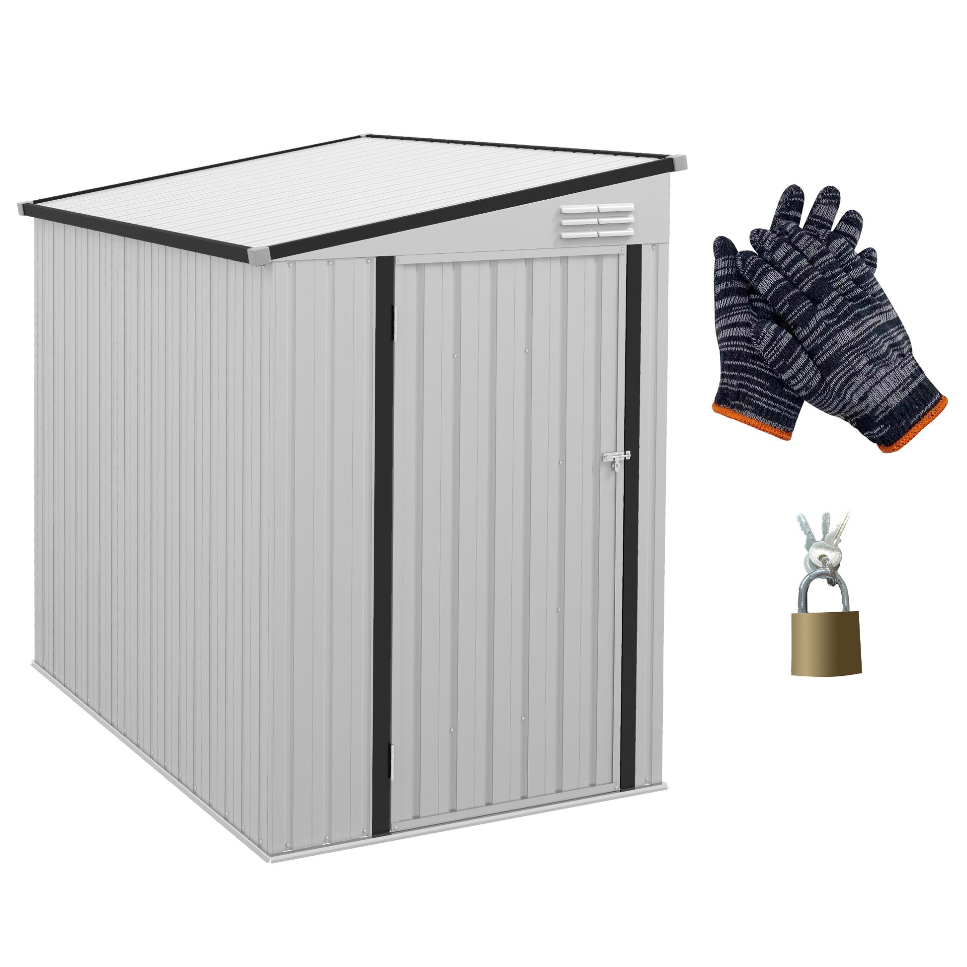 Slopedroof metal storage shed in light gray with a single door and ventilation grilles