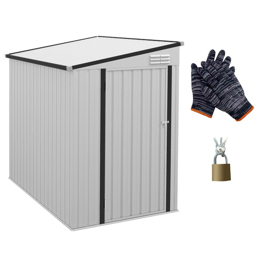 Slopedroof metal storage shed in light gray with a single door and ventilation grilles