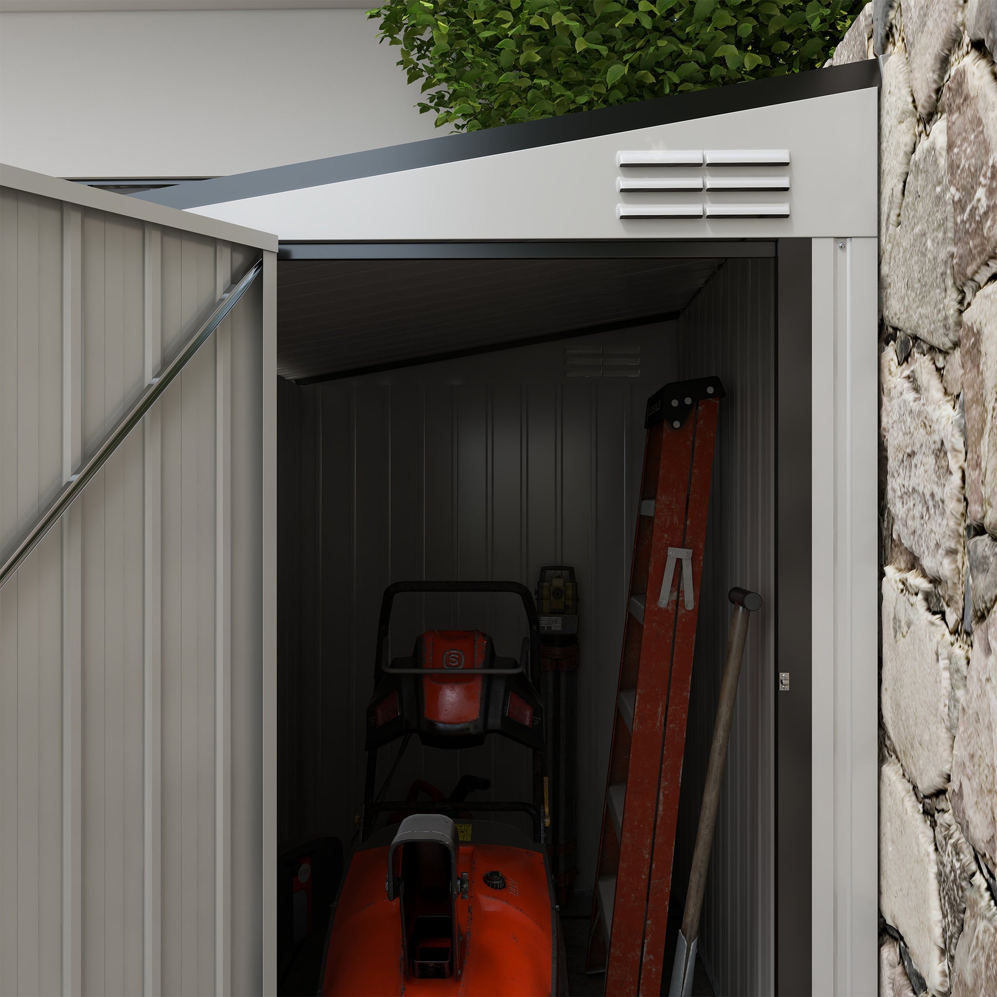 Orange and black snow blower stored in a gray metal garden shed with a ladder