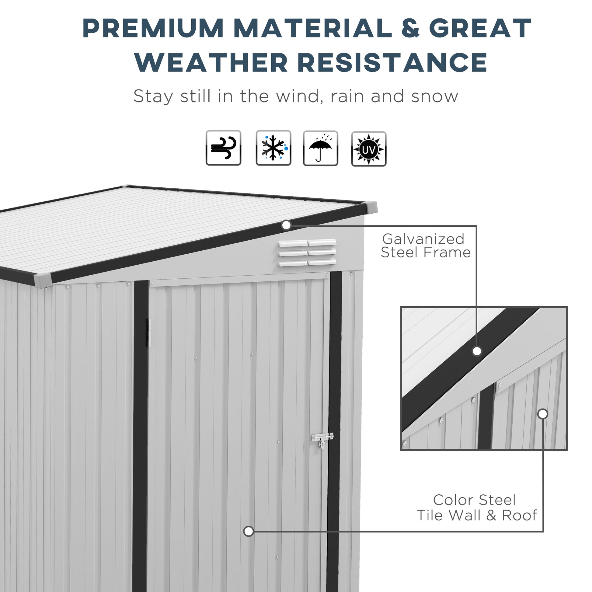 Light gray metal storage shed with galvanized steel frame and color steel roof