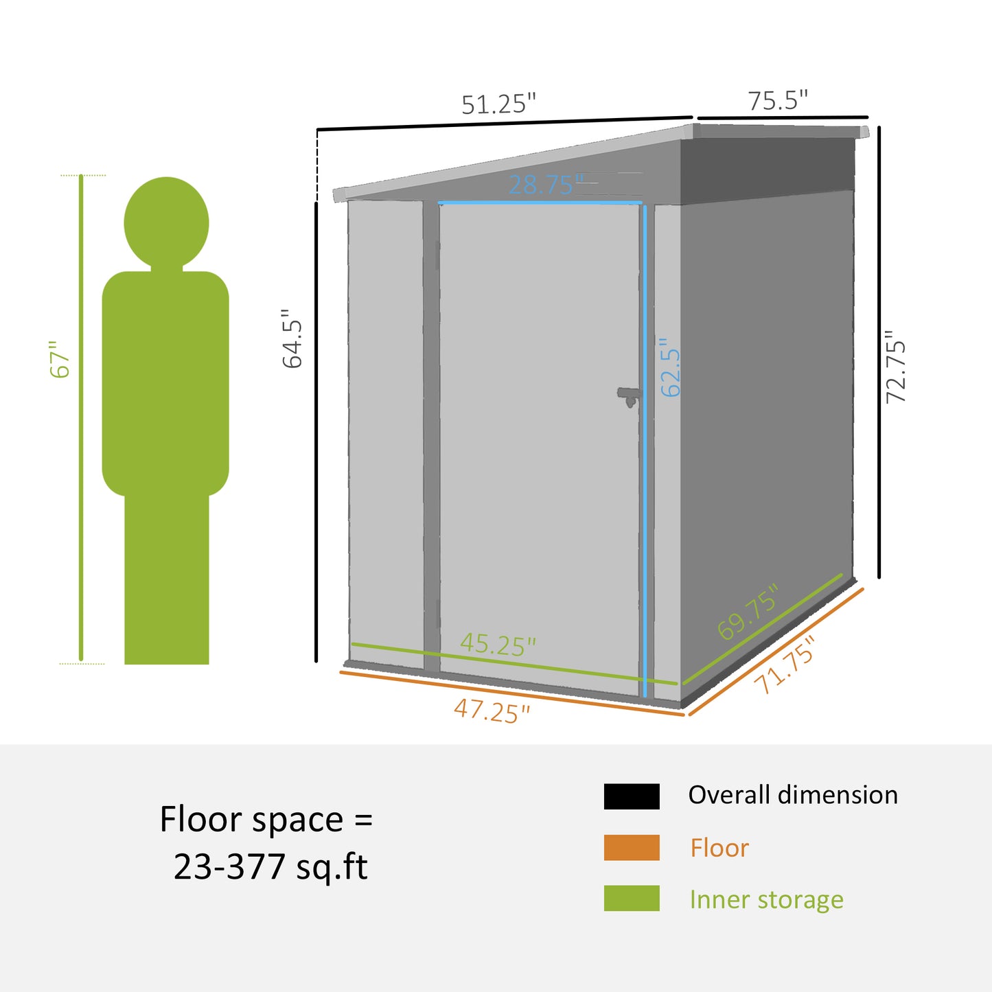 Diagram of a grey storage shed with dimensions for height width and depth
