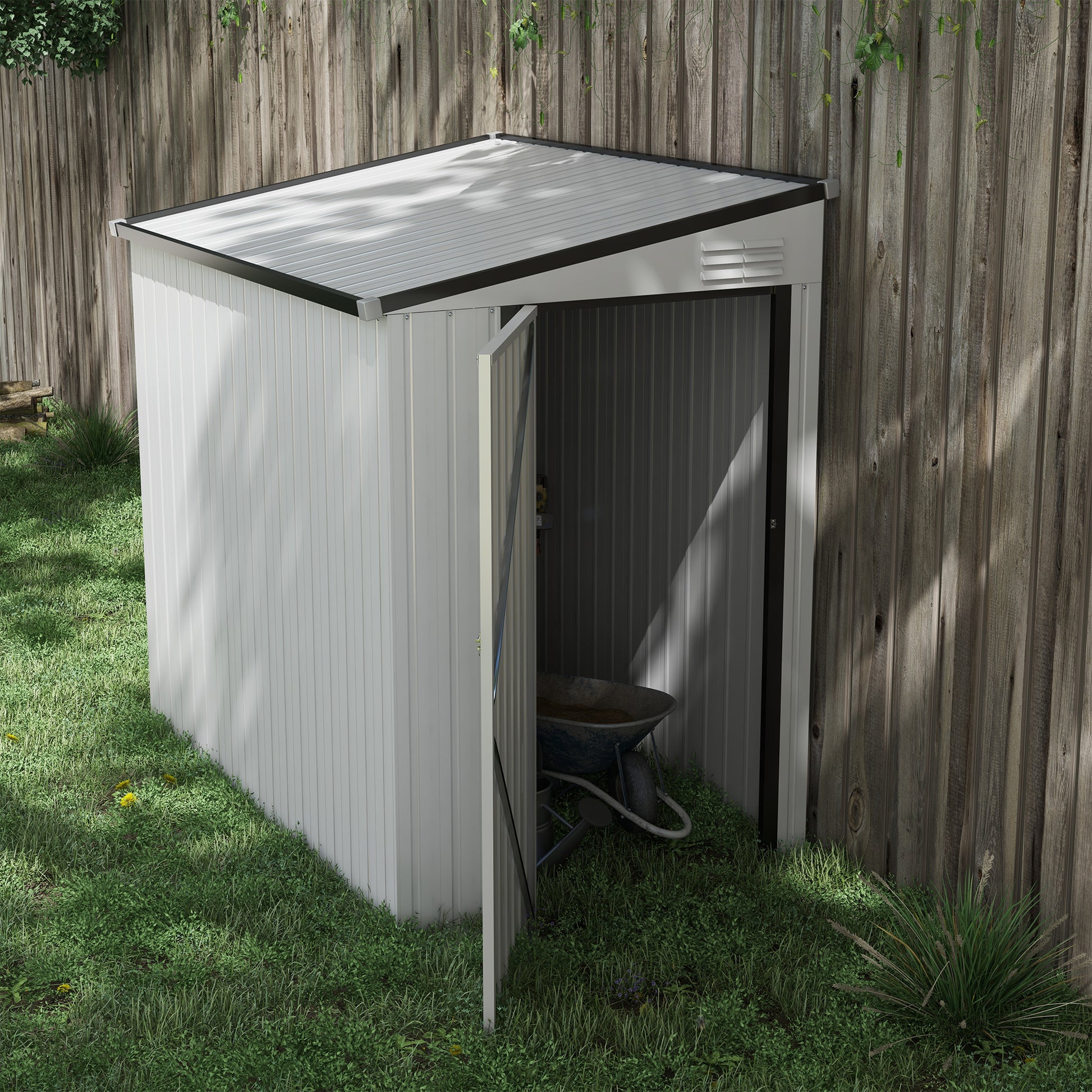 White metal garden shed with a wheelbarrow and watering can inside