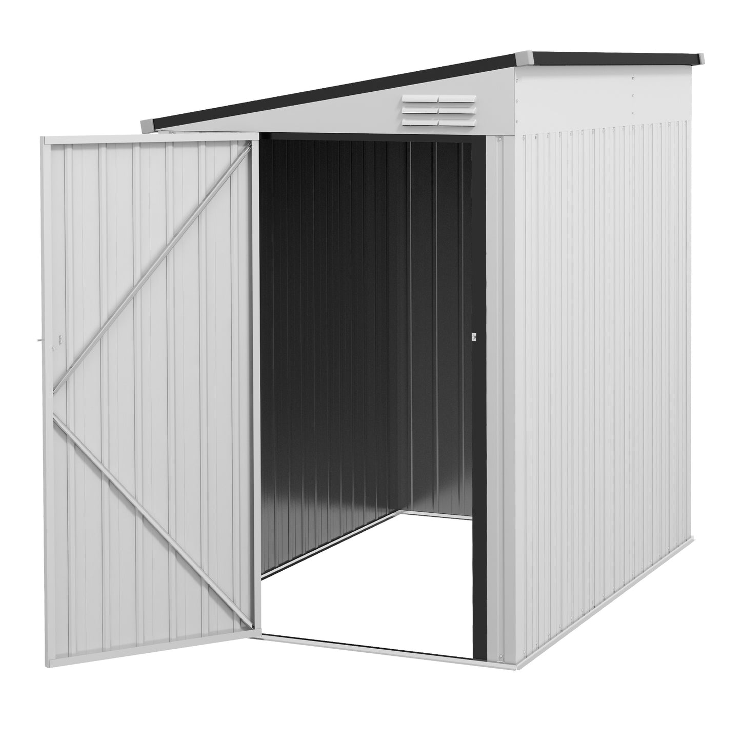 White corrugated metal garden shed with open double doors ideal for outdoor storage