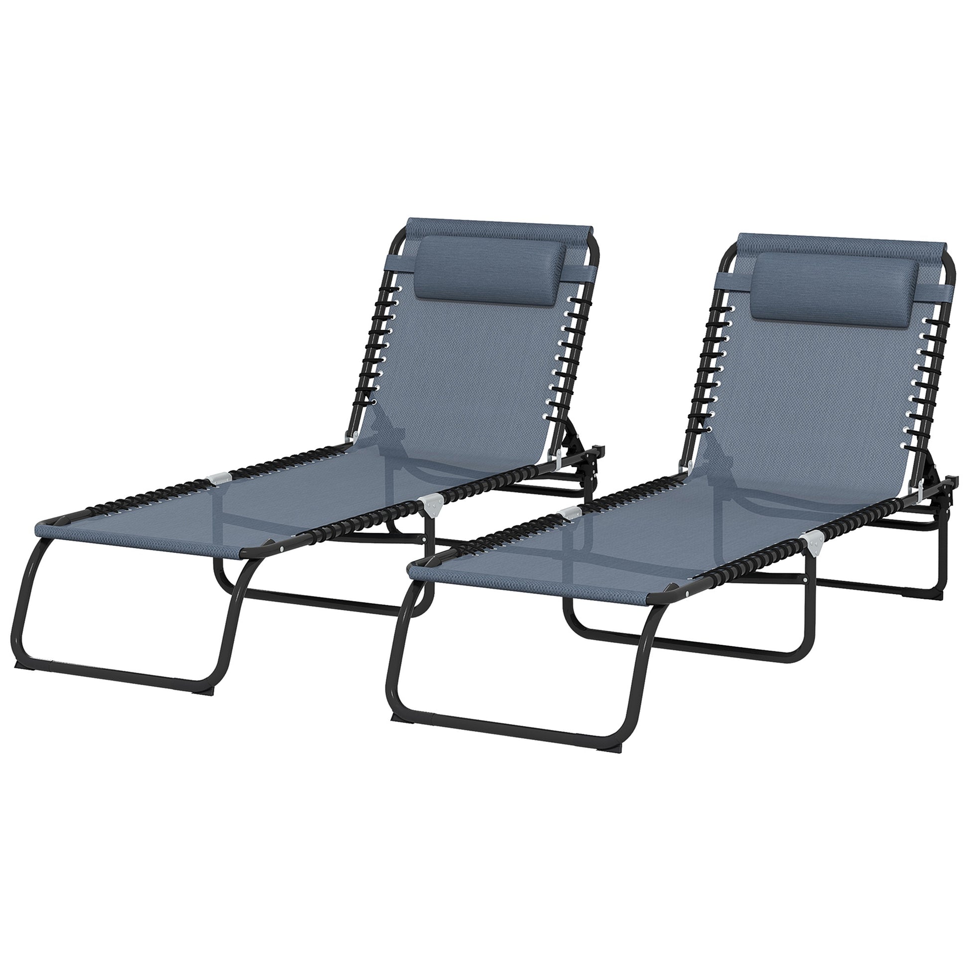 Two grey fabric zero gravity lounge chairs with black metal frames and adjustable headrests
