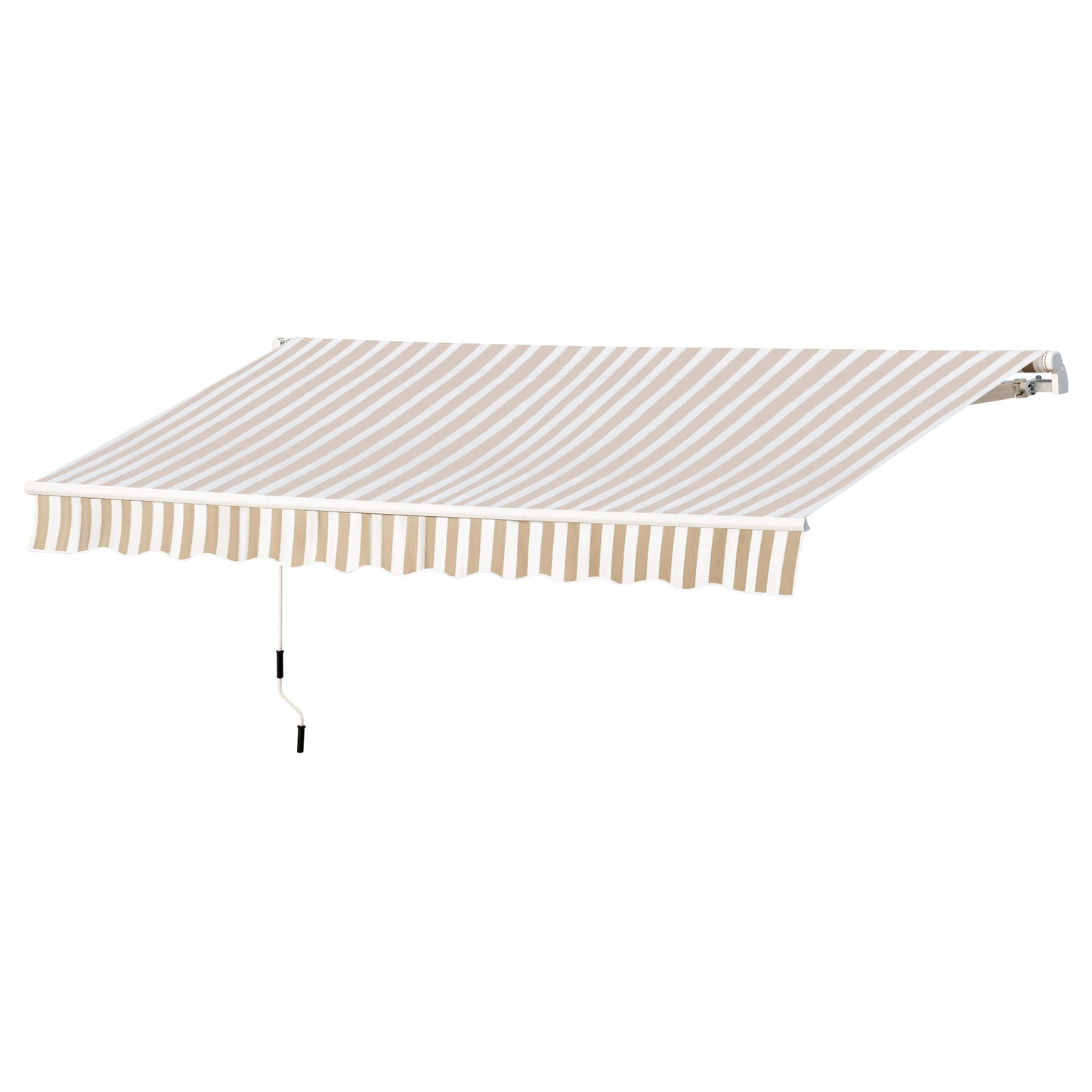 Retractable awning with beige and white stripe fabric and manual crank for patio shade